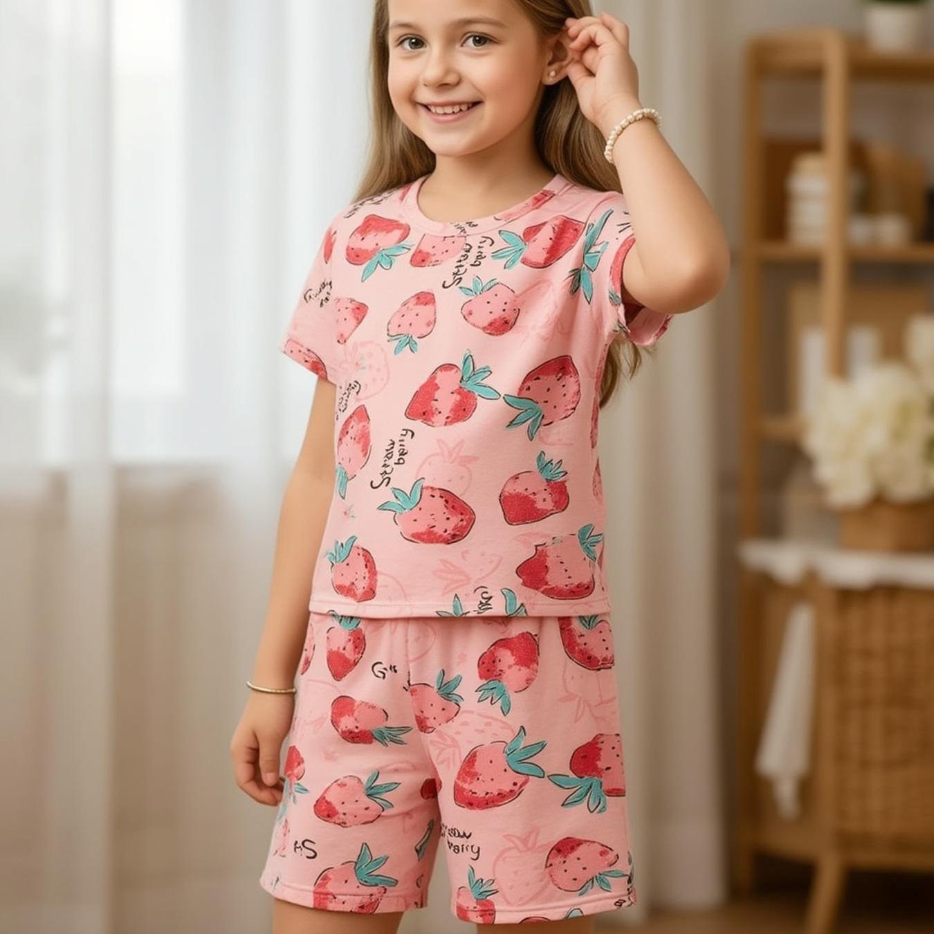 Image of 2pcs Girls' Pajamas Spring And Summer Girls Baby Middle And Big Children All Strawberry Short-sleeved Top + Shorts Basic Pajamas Pants Set Light And Breathable Sister Outfit (flame Retardant)