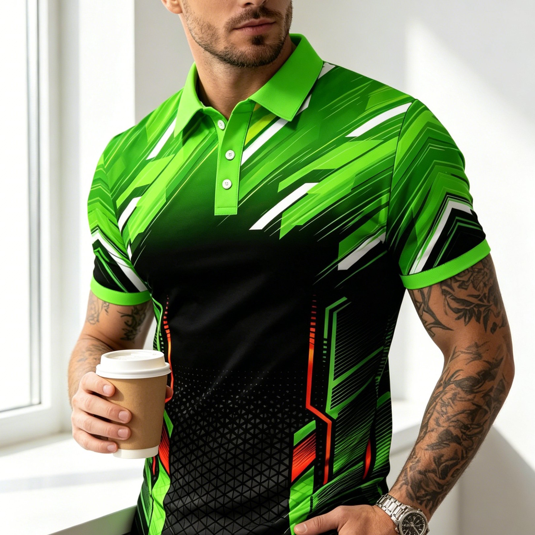 TEMU [printed Design-nottextured]summer Men'-black Gradient Short-sleeve Shirt, Comfortable Collared Casual Top, Dynamic Sporty Style For Daily Wear,