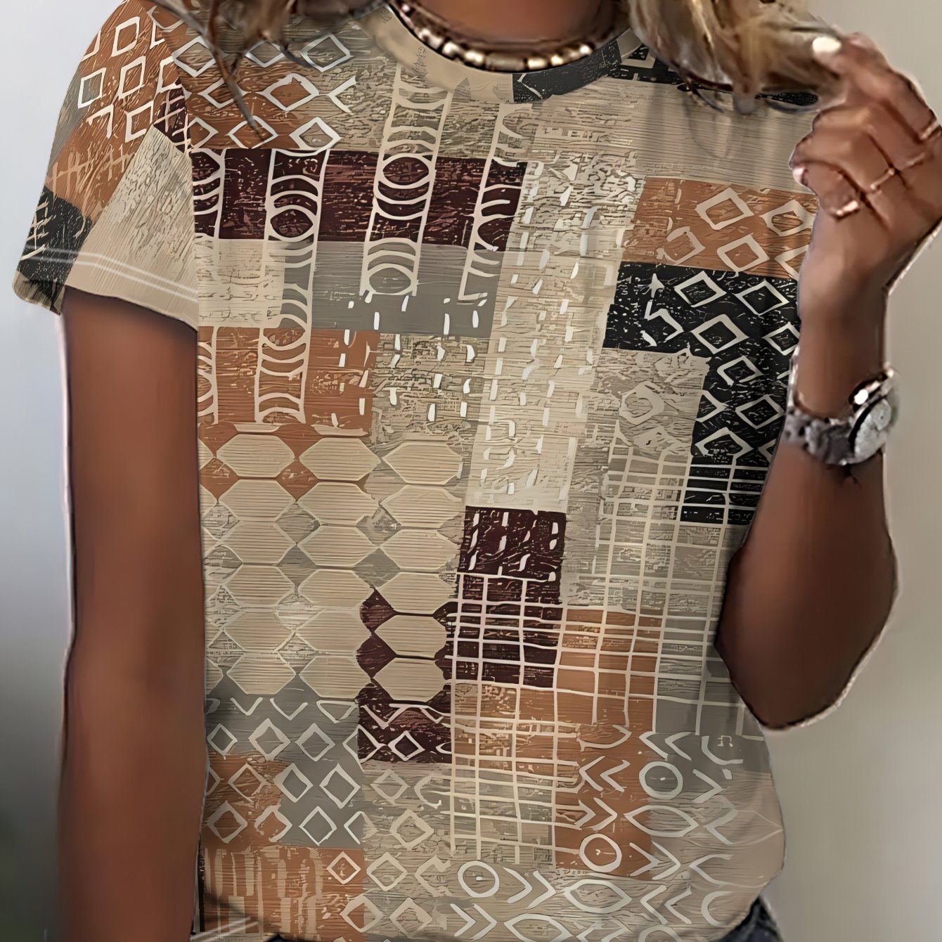 TEMU Summer Women's Short-sleeve Round Neck T-shirt With Ethnic Style Prints, Casual And Vacation Wear