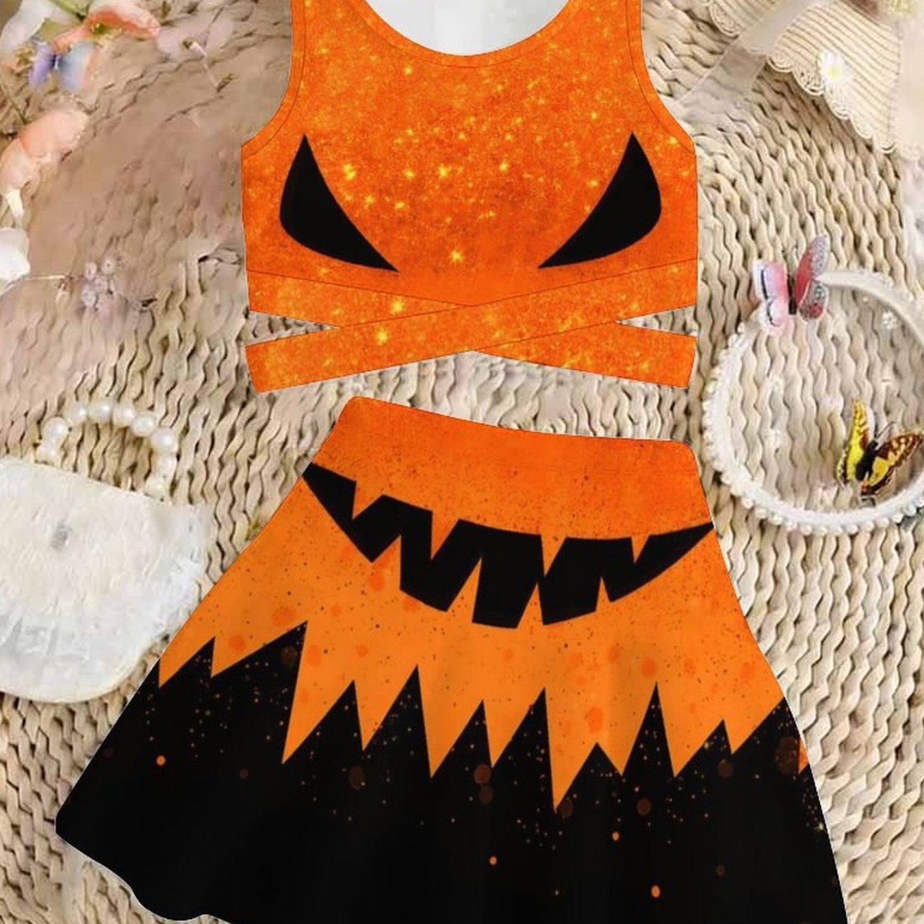 Image of Girls' Clothing Set Trick Or Treat Casual Versatile Girls Happy Halloween Pattern Print Cute But Spooky Cross Belt Hem Vest And Skirt Two-piece Set