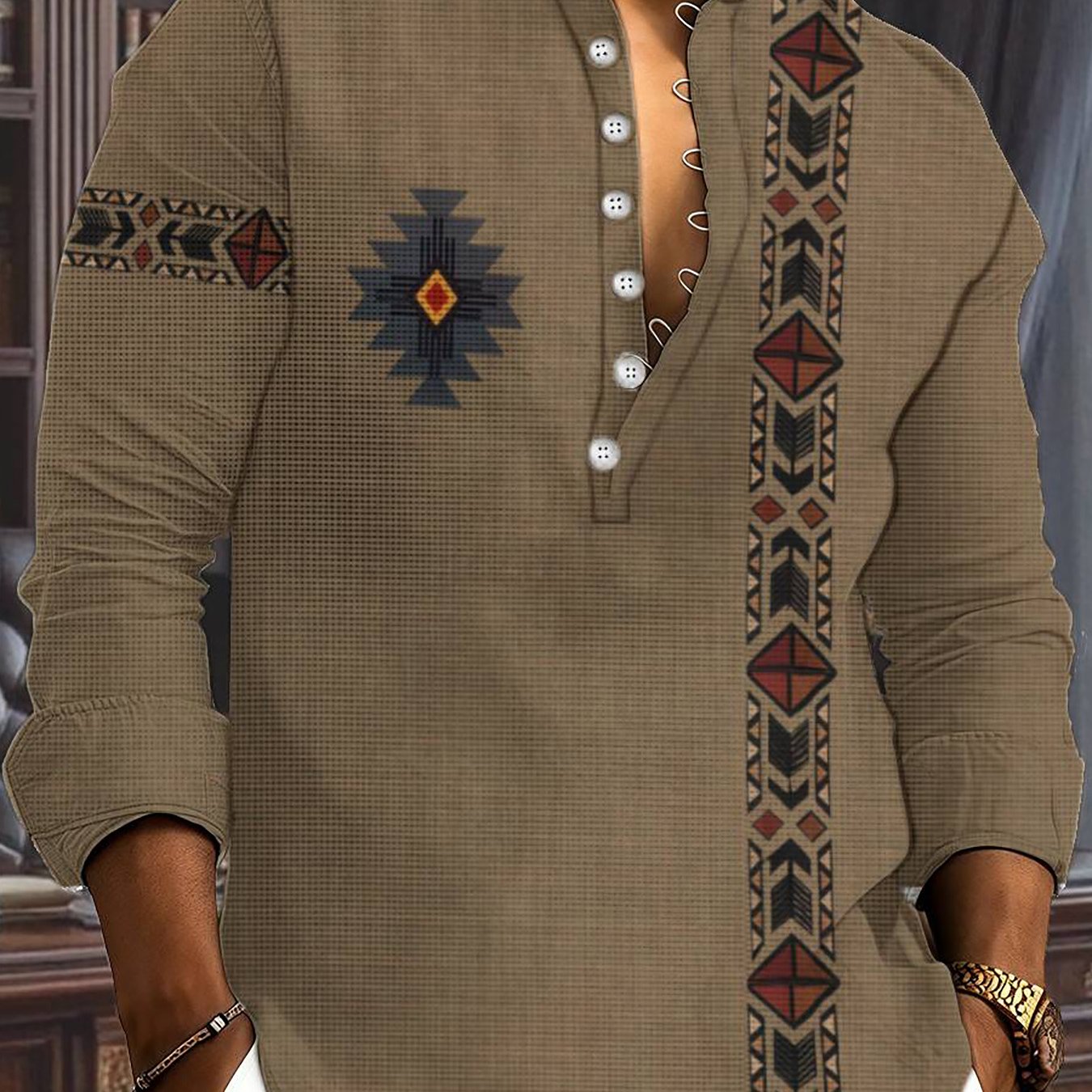 TEMU Creative Ethnic Pattern Print Men's Summer Fashion Simple Long-sleeved Button- Casual Henry Collar Simple Shirt, Fashionable And Versatile, Suitable For Dating, Beach Vacation