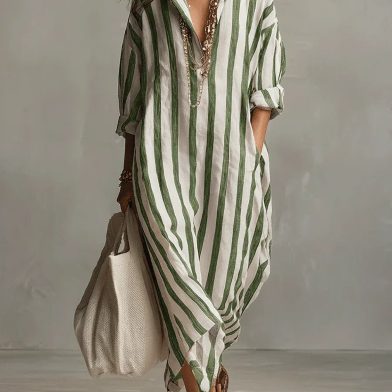 TEMU robe-chemise pour femme, à col en V, à rayures et à manches -, style décontracté et détendu
