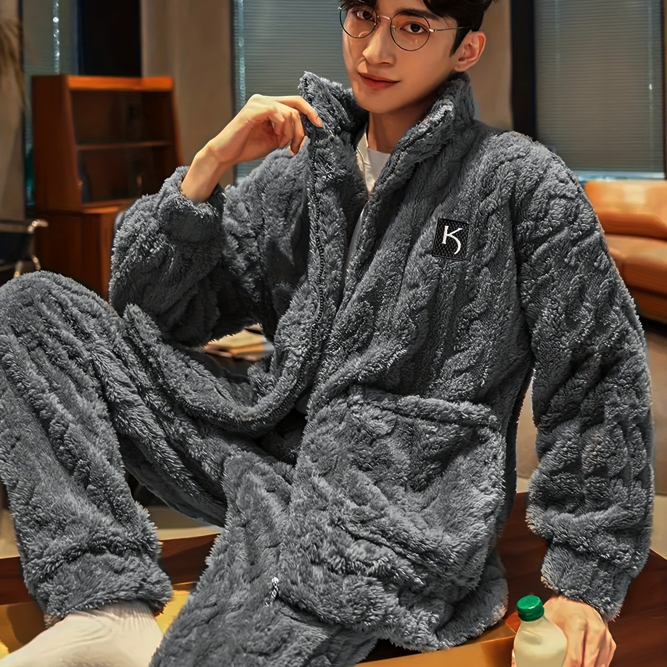 Image of Men's Winter Flannel Thickened Velvet Pajamas, Autumn/winter Warm Coral Zipper Style 2pcs Set