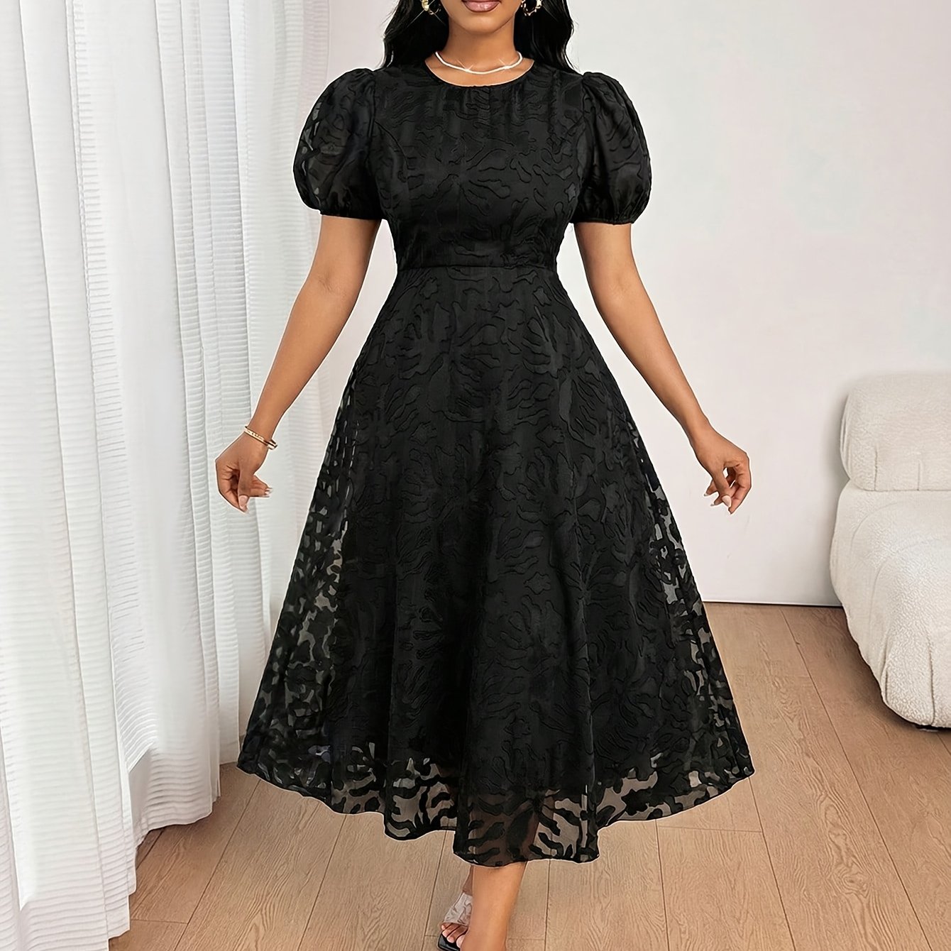 TEMU Elegant Solid Color Round Neck Short-sleeved Midi Dress For Women, Suitable For Daily Commute, Event Gatherings []