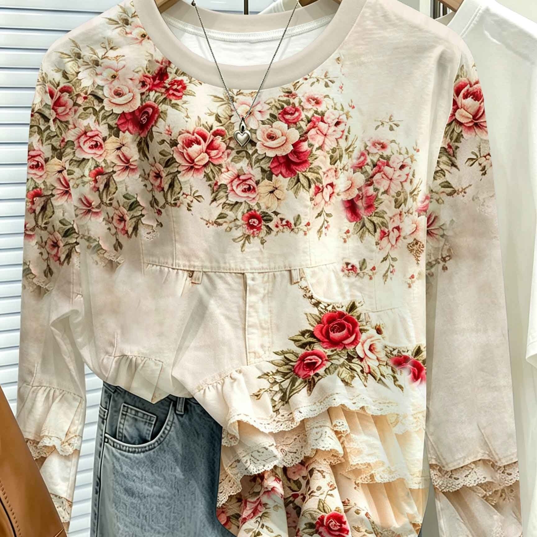 TEMU Printed Design - Non-real Texture Women's Plus Size Floral Print Crew Neck Long Sleeve T-shirt. Romantic Full-print Of Pink Roses, Vintage Soft