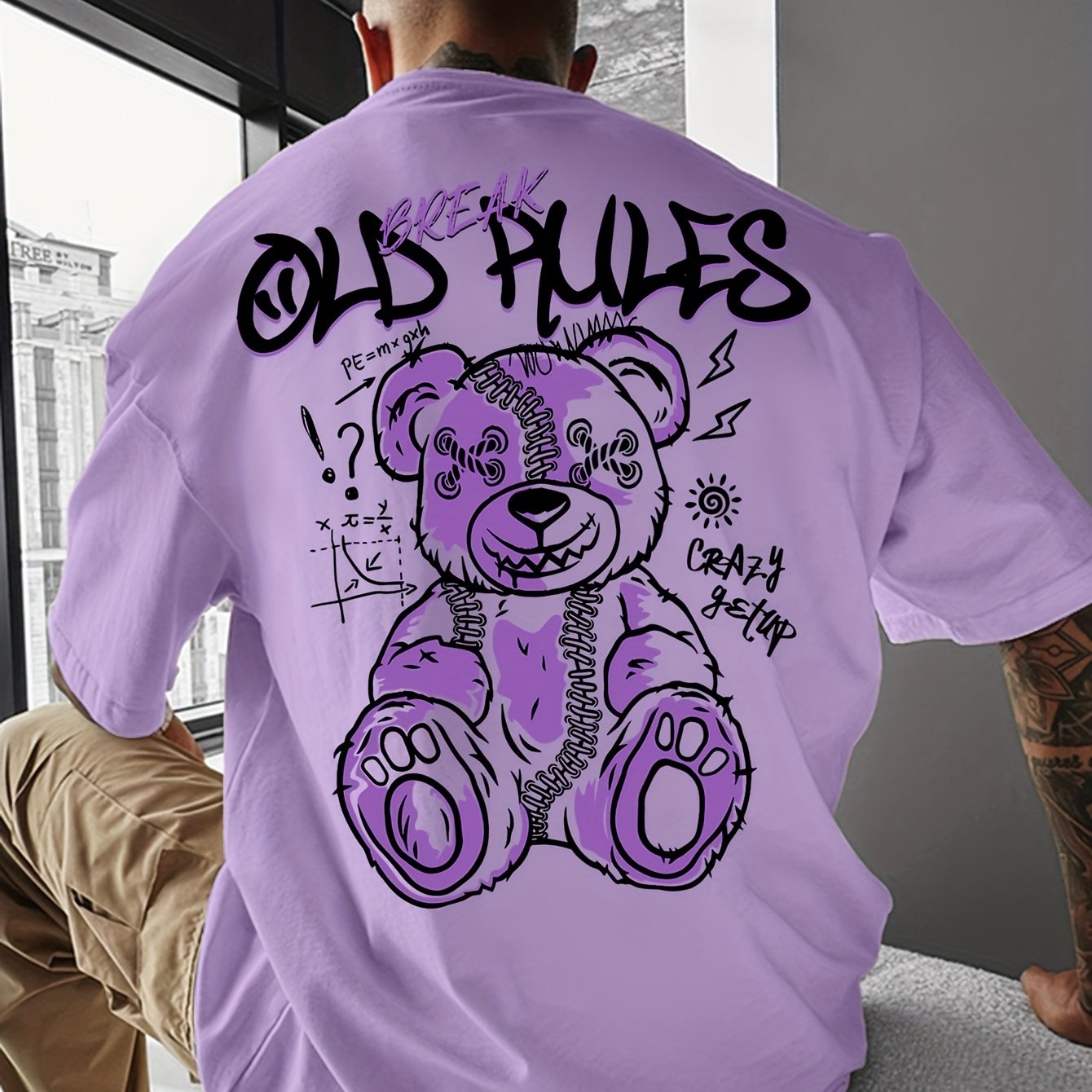 TEMU New Summer 2026 Style, Men's Black-purple Bear Graphic T-shirt, Cool And Breathable, Stylish And Casual, Suitable For Daily Wear, Outdoor, And