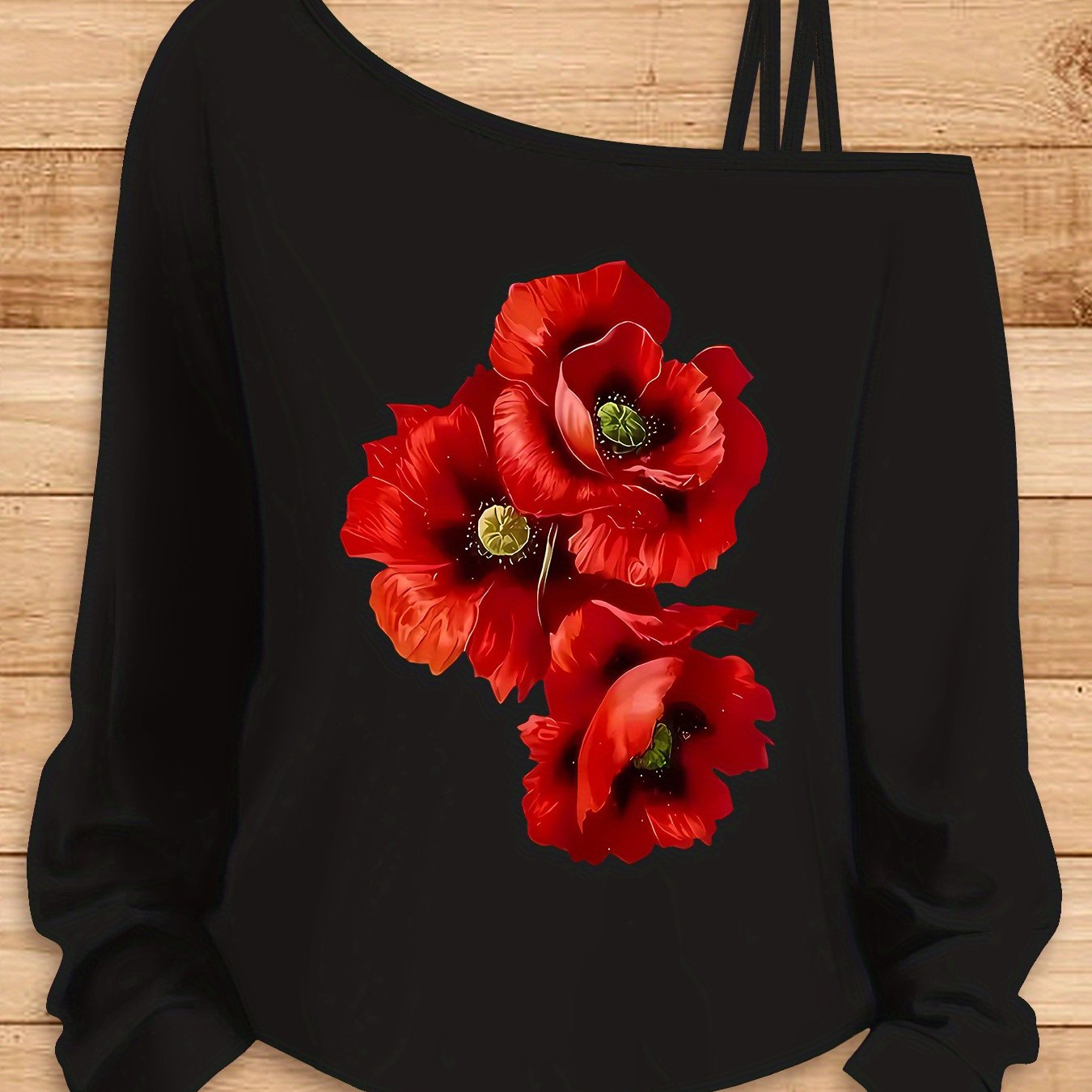 TEMU Red Poppy Flower Pattern Sporty Casual Party Loose Fit Elegant Fashionable Stretchy Figure-flattering Gift Soft Machine Washable Long Sleeve