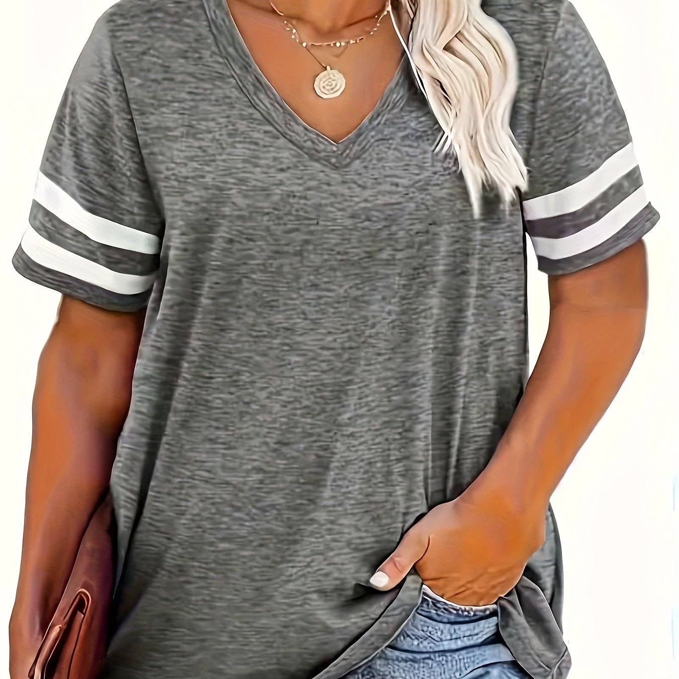 E-shop Plus Size - Plus Size - Plus Size V-Ausschnitt Einfarbiges T-Shirt, Elegante Kurzarm, Damen Freizeitkleidung