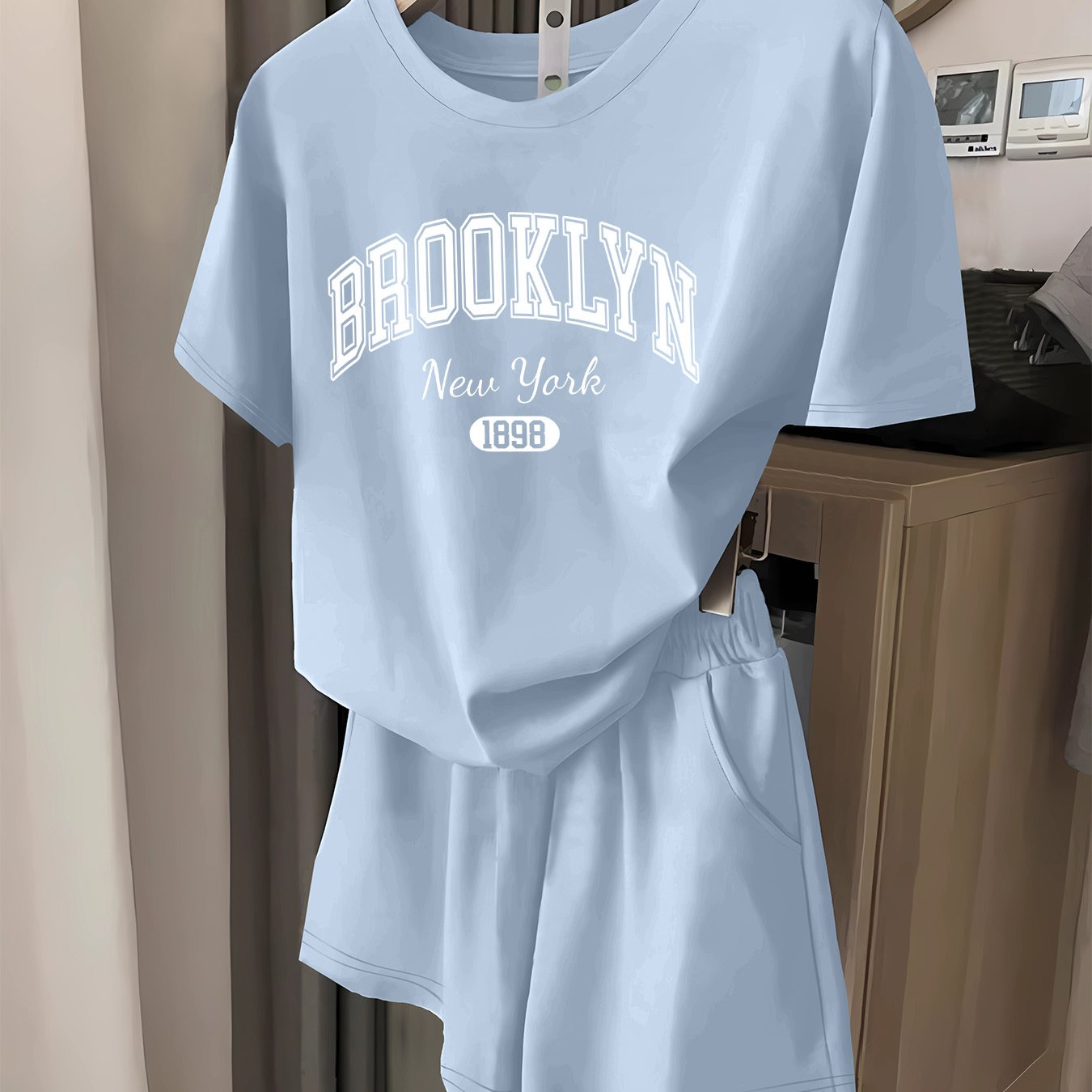 TEMU リン レタープリント ツーピースセット、半袖Tシャツ＆ショーツ、レディースウェア