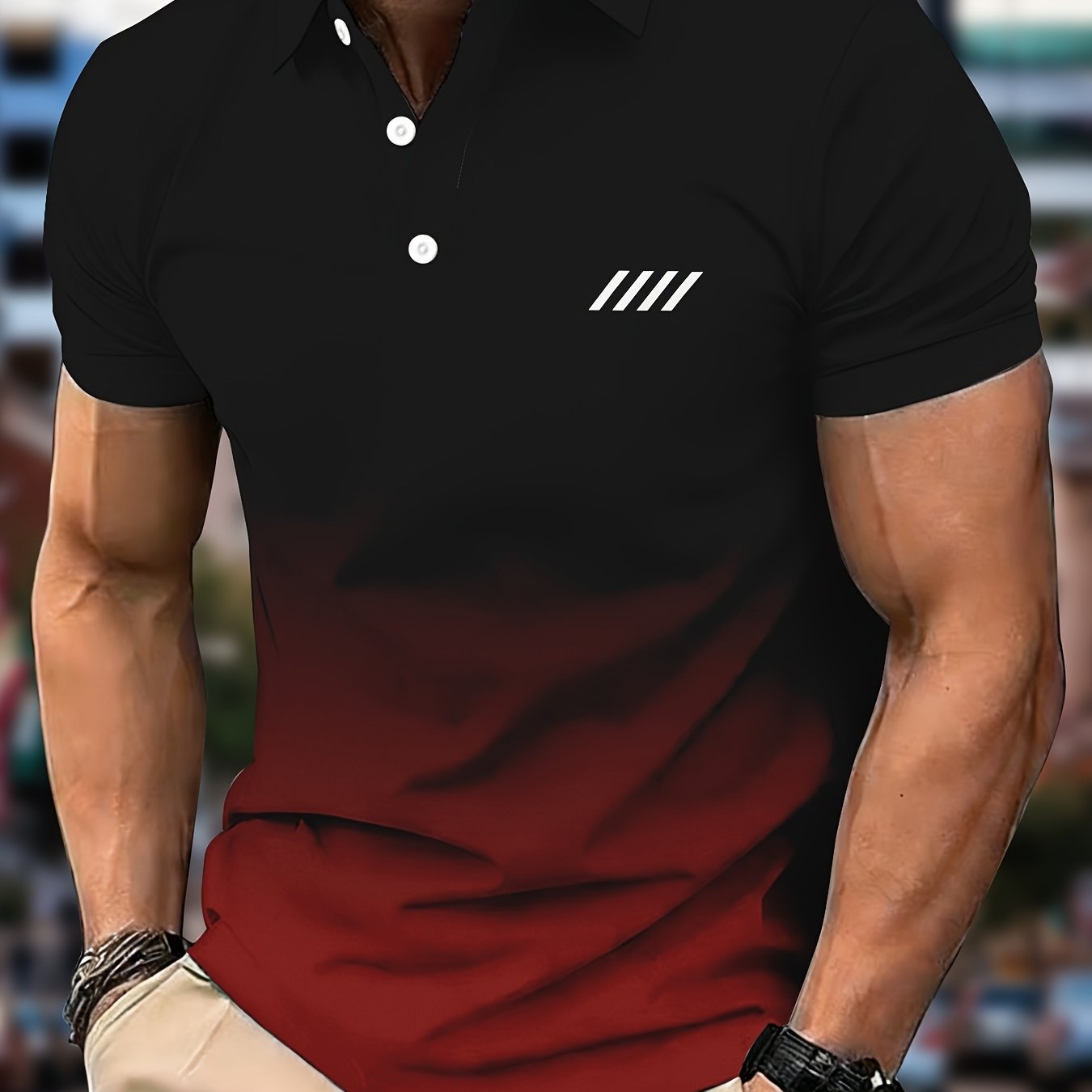 TEMU [print Design - Not Textured] Men's Summer Casual Short Sleeve Color-block Button-up Shirt, Men's Black Red Gradient Three-bar Thin Collar Top,