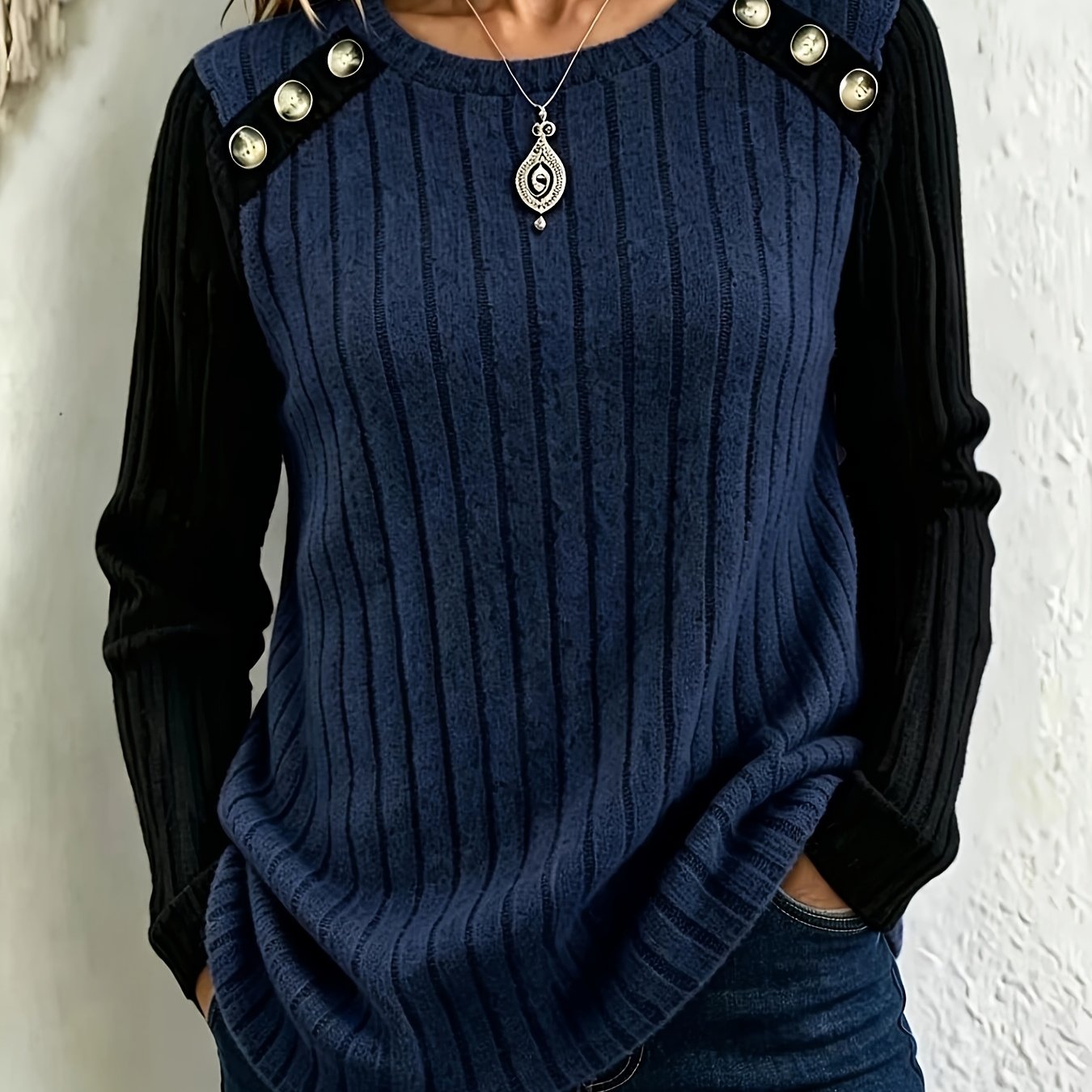 TEMU Plus Size, New Elegant Autumn/winter Plus Size Women' Color Cable Contrast Color Button Crew Neck Long Sleeve Top, Suitable For Daily ,