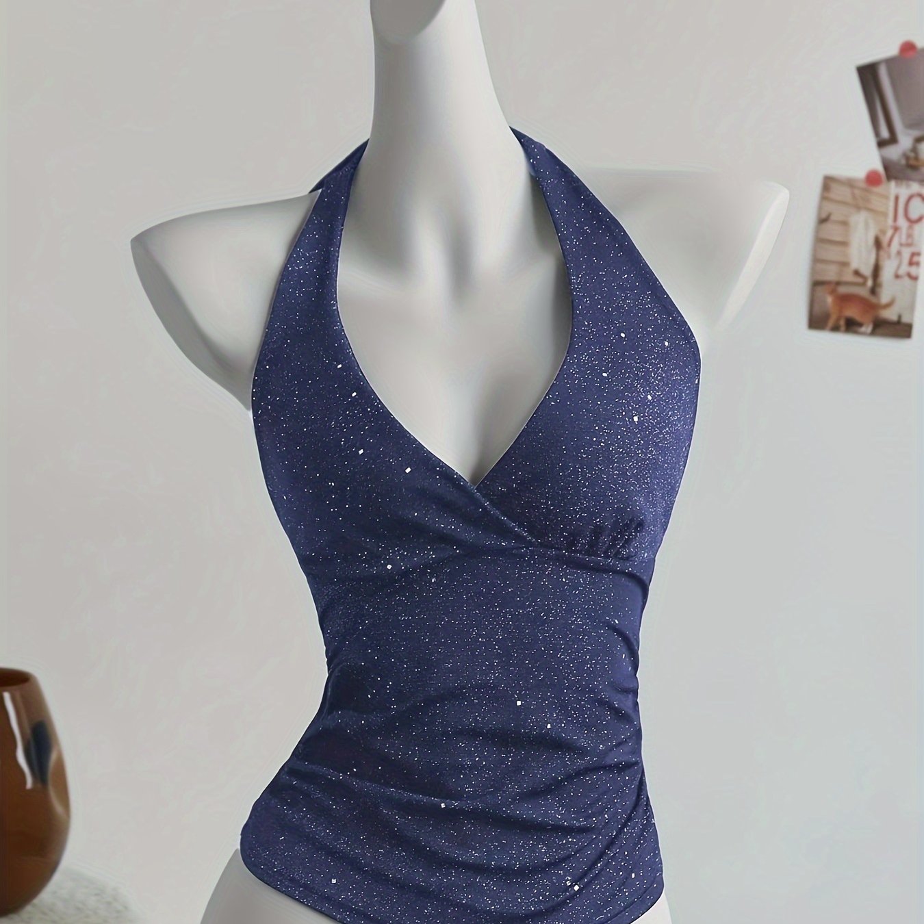 Elegant Black Halter Neck Backless Top with Glittery Cross-Back Design - Sleeveless Ruched Summer Blouse for Women, Hand Wash or Dry Clean, Sleeveless Blouse, Evening Wear, Party Attire, Sleek Finish, Easycare Fabric