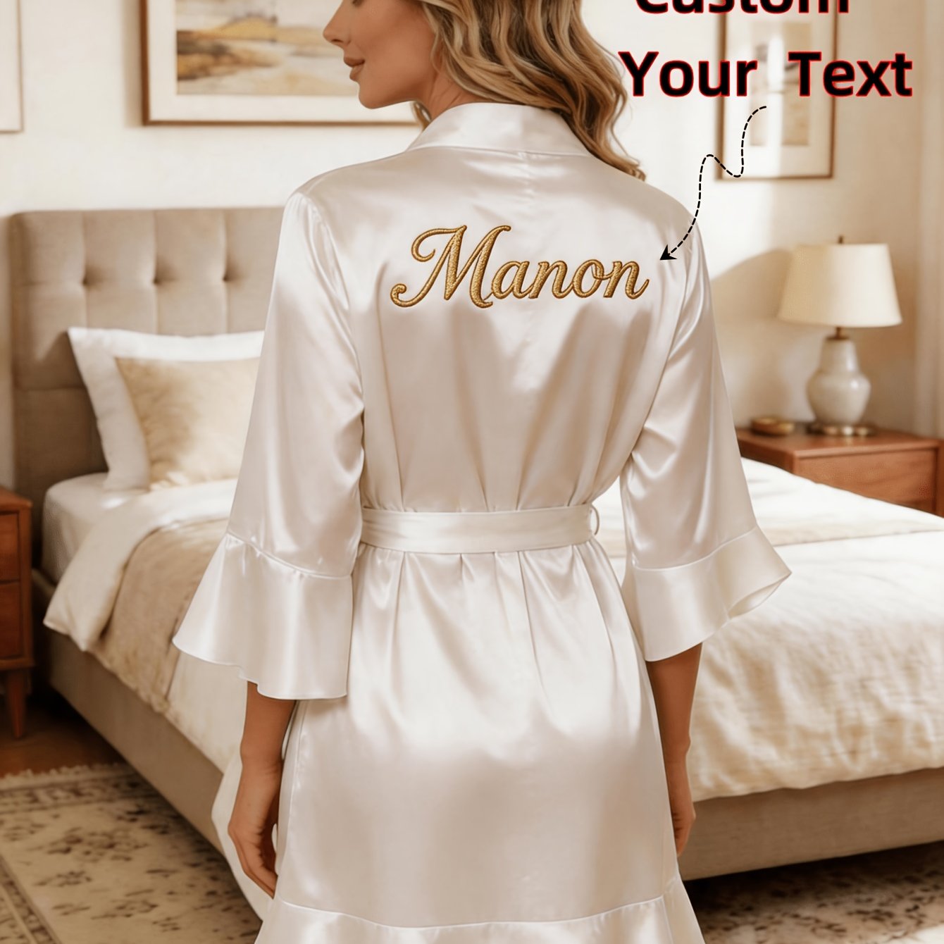 TEMU Women's Embroidered Custom-name Nightgown, Bridal Gown, Bridesmaid Dress, Wedding Party Attire, Party Gift, V-neck Kimono-style Robe With