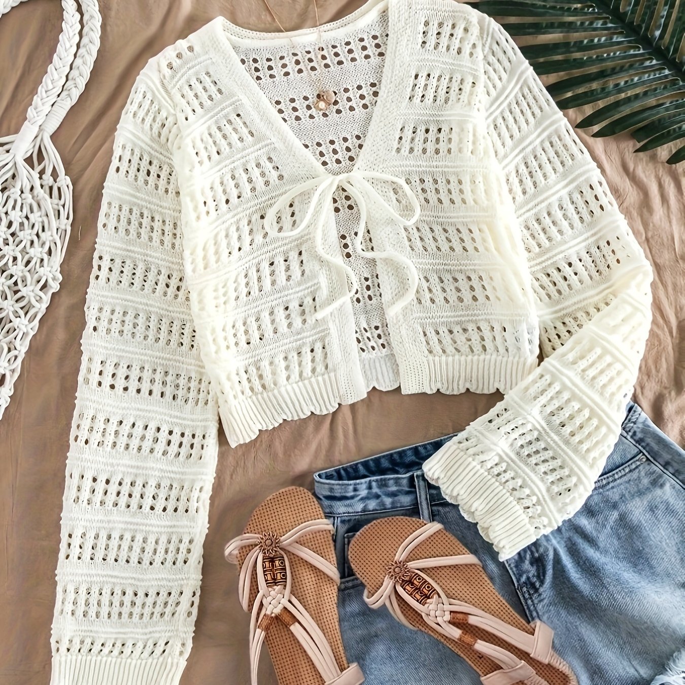 Image of Spring/summer New Women's Casual Vacation Hollow-out Long-sleeve Cropped Cardigan Top