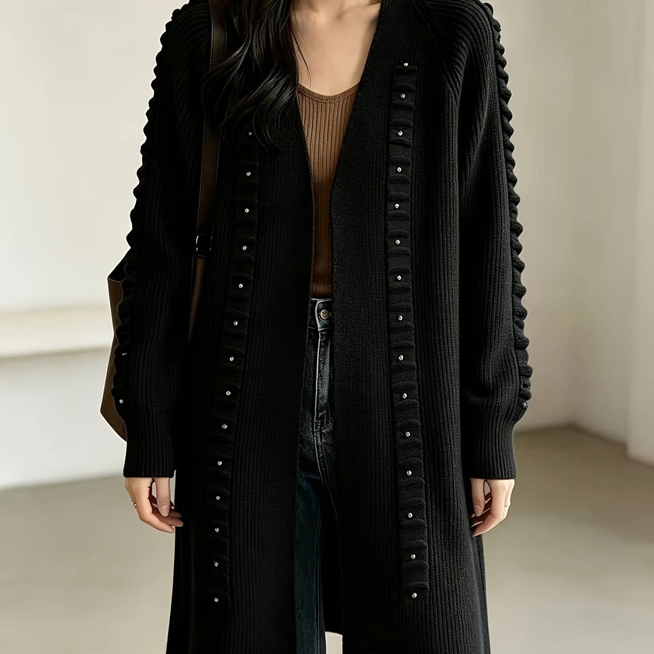 TEMU Cardigan clouté style décontracté pour femme, mode automne/hiver 2026, veste pull mi-longue
