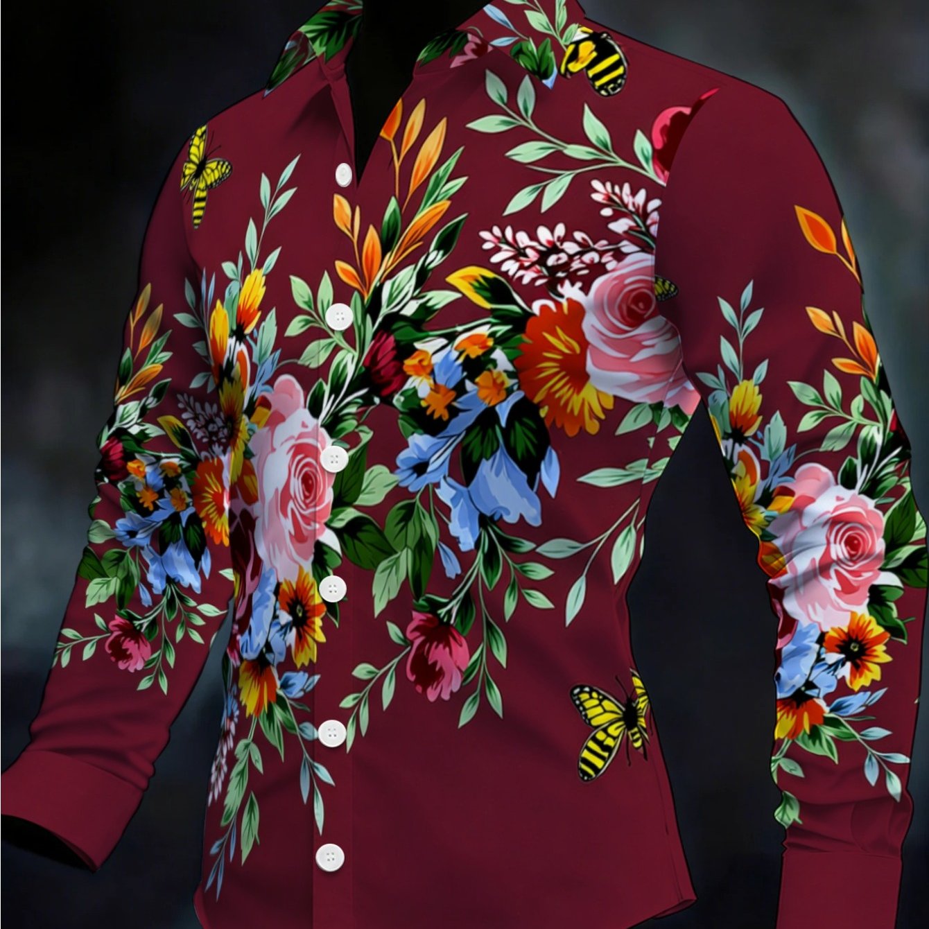 TEMU Rose, , Floral Graffiti Men's Long-sleeve Shirt, Single-breasted With Lapel, Casual And Versatile Top