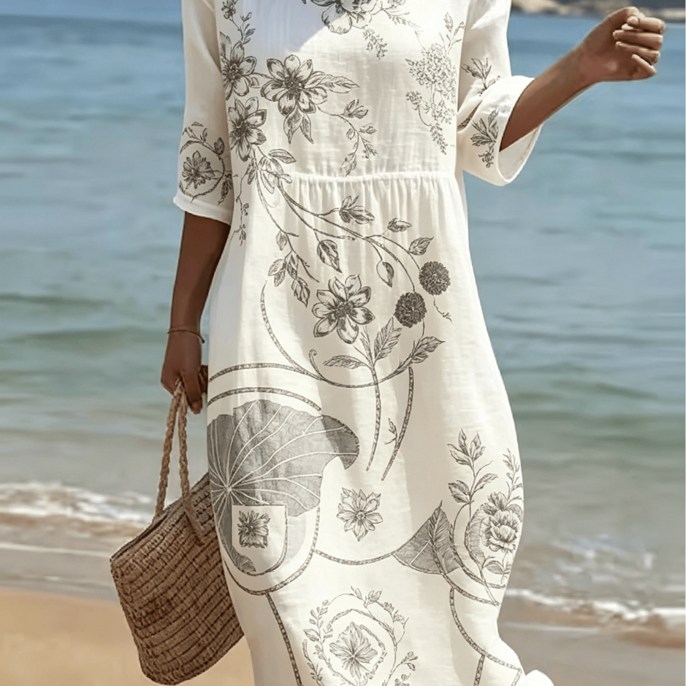 Image of Vintage Gray Ink Chinese Style Floral Leaf Women Loose Midi Dress, Half Sleeve Round Neck High Waist Ruched Casual Beach Dress, Lightweight Breathable Minimalist Bohemian Summer Sundress