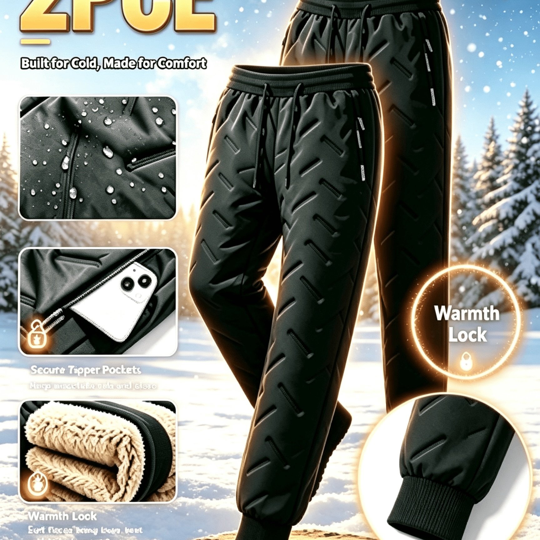 Image of 2pcs Men's Winter Thermal Fleece Underwear, Thickened Cold-weather Hiking Pants With Pockets, Breathable, Lightweight, And Durable For Home, Office, Outdoor Sports, And Camping Wear