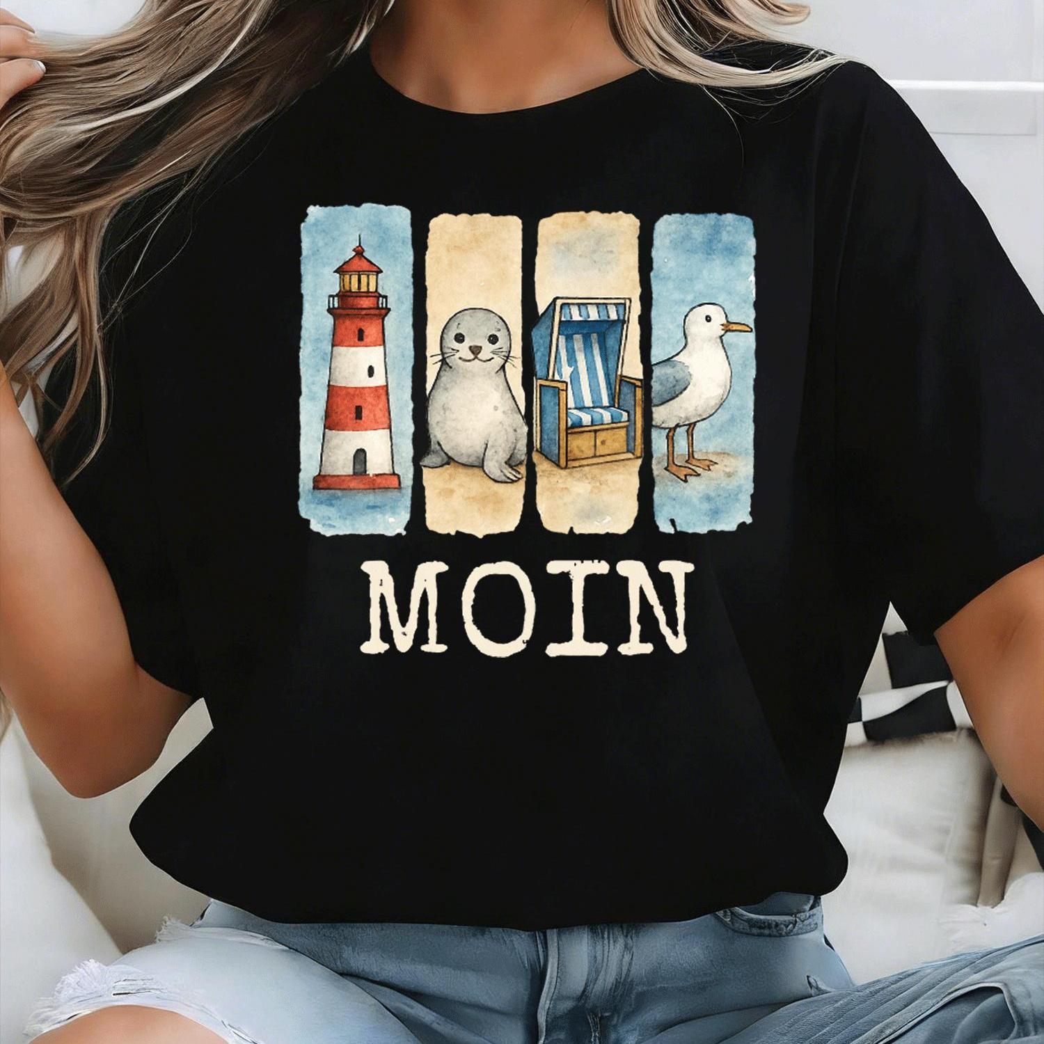 Image of Plus Size, Moin Lighthouse Seal Beach Chair T Shirt For Men And Women Unisex Gag Tee Shirt For 180g