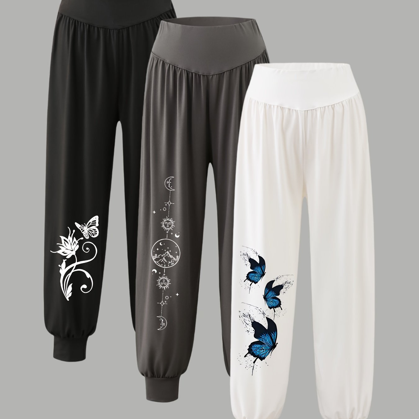 E-shop 3er-Pack Yoga-Hosen für Damen mit Print | Bequeme Harem-Jogger für jede Jahreszeit mit mitteldehemdem Stoff