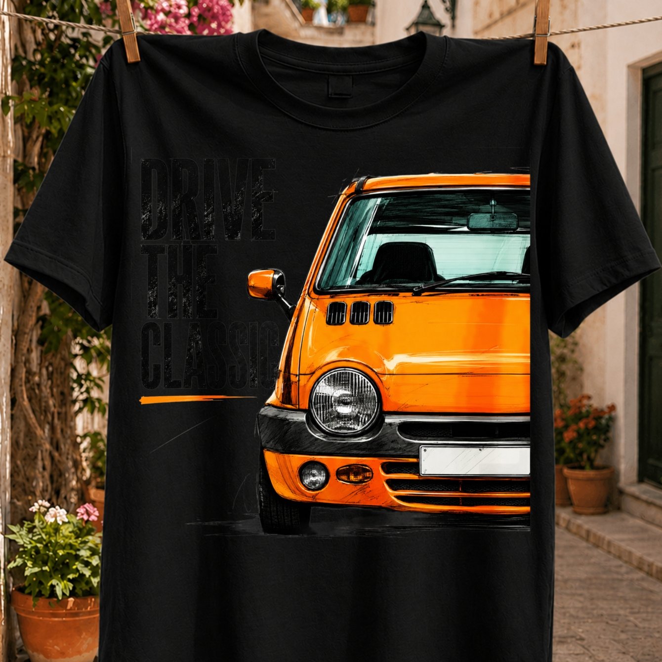 Image of Drive The Classic Half Front View Of A Compact Cardark Shadow Lettering Modern Retro Car Enthusiast Print Unisex All T-shirt