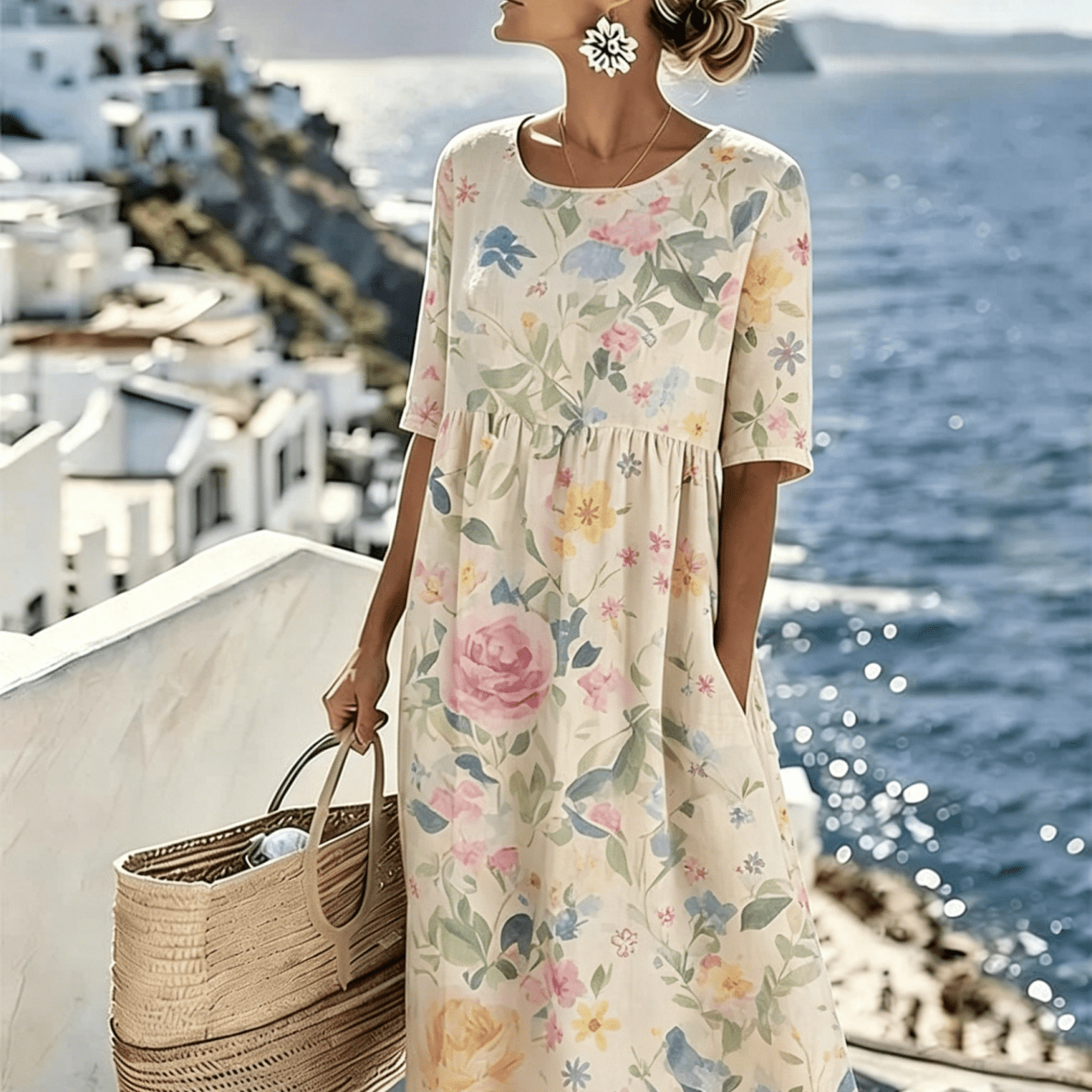 Image of New Summer Dress For Women With Half Sleeves, Aquarell-rosen-druck, Round Neck, A-line Skirt At The Waist, Loose, Casual Vacation Long Dress
