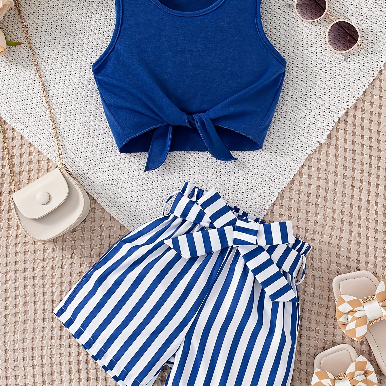 Image of Summer Daily Casual Outing Solid Color Sleeveless Knotted And Print Striped Pattern Shorts Two-piece Set Shorts Set With Belt, For Outdoor