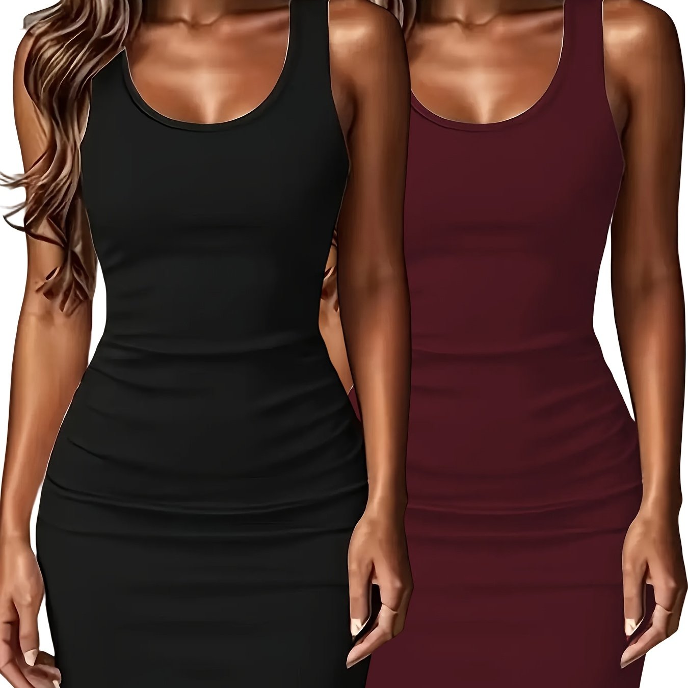 2pcs Elegant Women's Sleeveless Mini Vest Dress, Solid Color, Round Neck