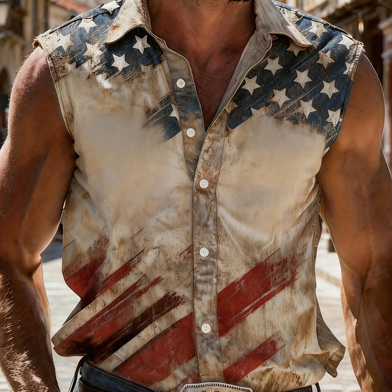 TEMU Men's Sleeveless Shirt, Vintage Distressed American Flag Printed Top, Western Cowboy Style Breathable Casual Vest, For Daily Wear & Party Trends