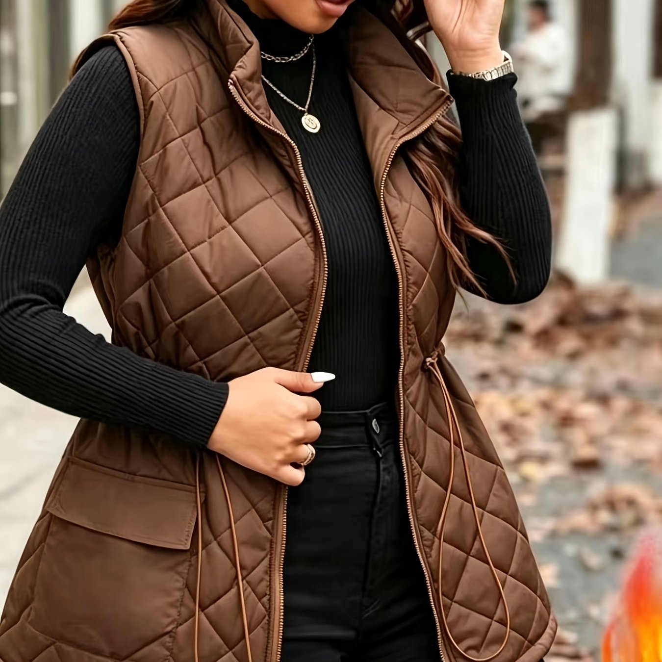 TEMU Asd1 Autumn Winter Diamond Quilted Vest Women's Waist Cincher Drawstring Stand Collar Sleeveless Camisole Thick Warm Casual Outerwear, Western