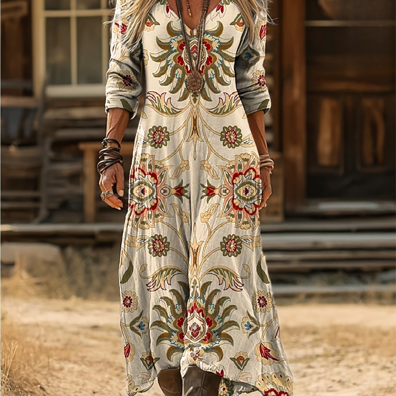 Image of And Summer Women's Elegant Fashion Retro Ethnic Style Printing -neck Long-sleeve Dress, Bohemian Casual Dress, Soft And Skin-friendly, Perfect Wear , Summer, And Autumn