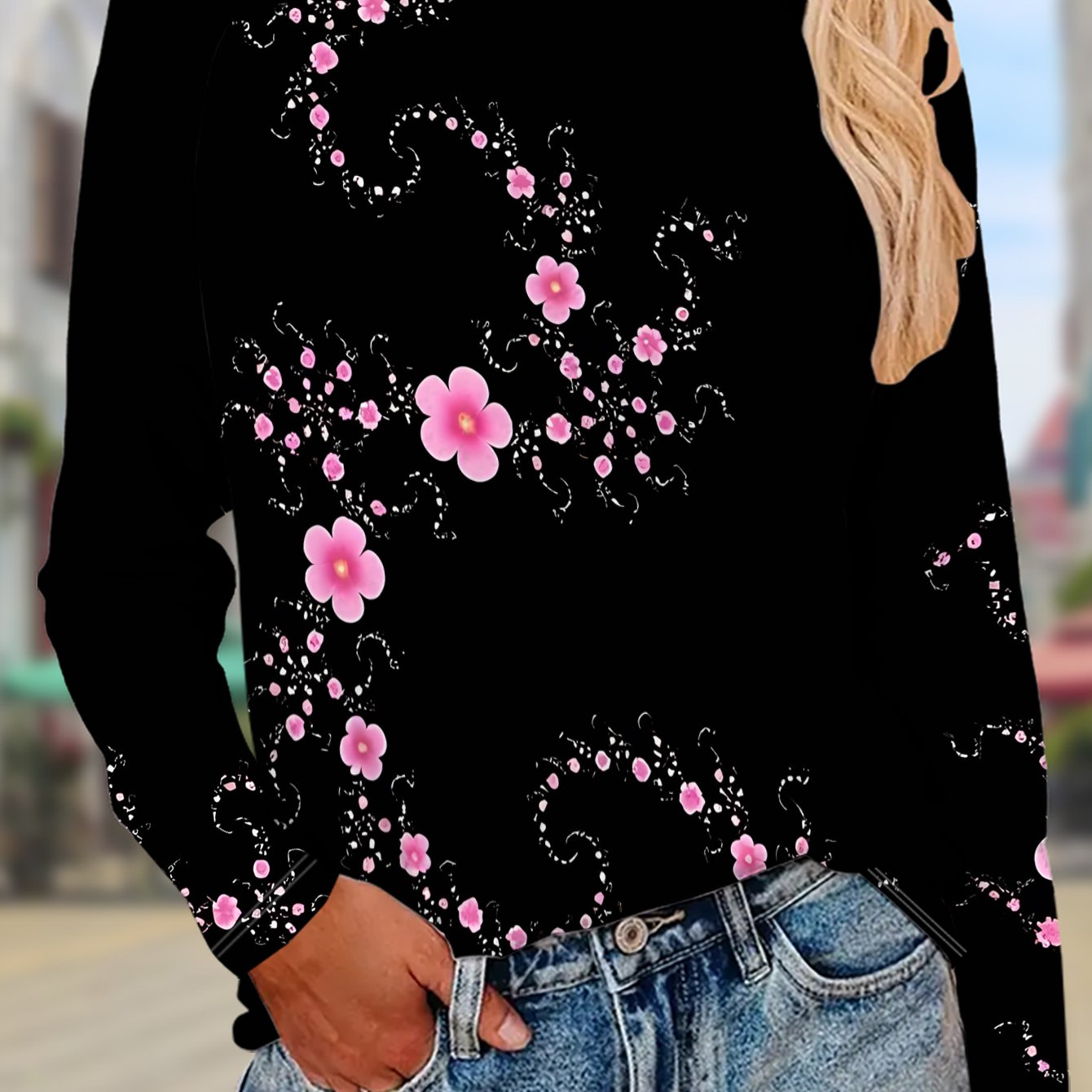 TEMU Women's Soft Light Beige-friendly Long-sleeve T-shirt Suitable For Spring/fall - Casual Blouse With Full-body Cherry Print, Machine Washable