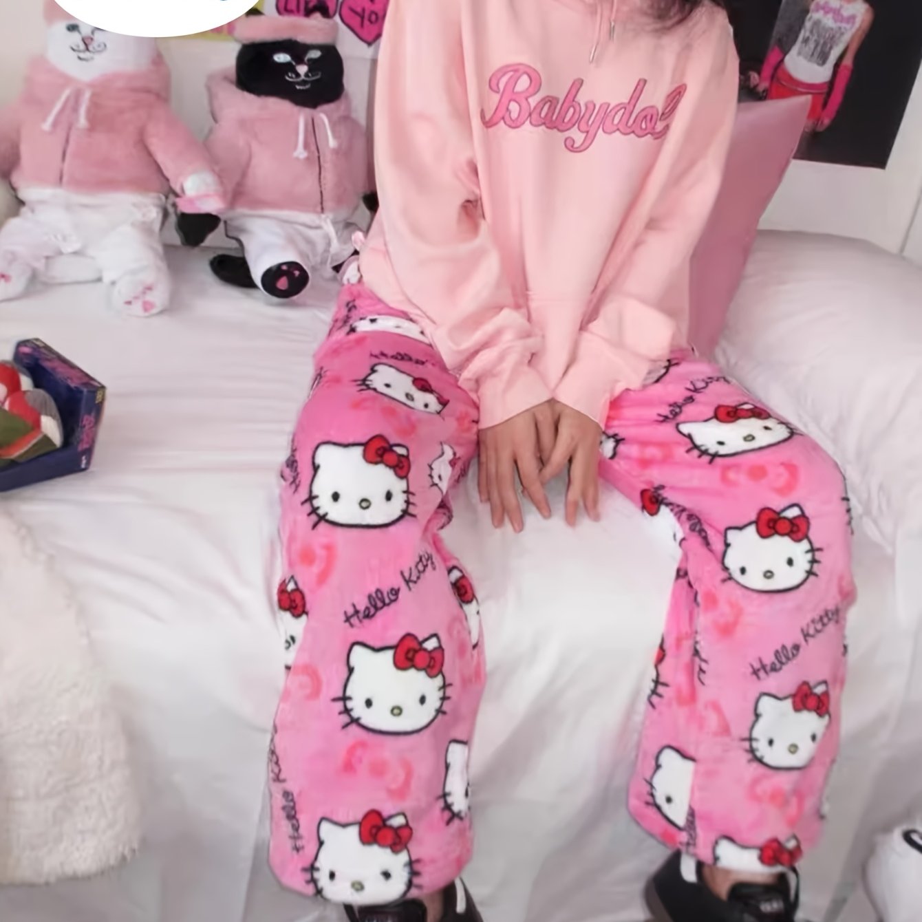 Winter | Elegant Peach Hello Kitty Flannel Pants: Licensed Winter Thermal Lounge Wear, Fleece-lined For Women