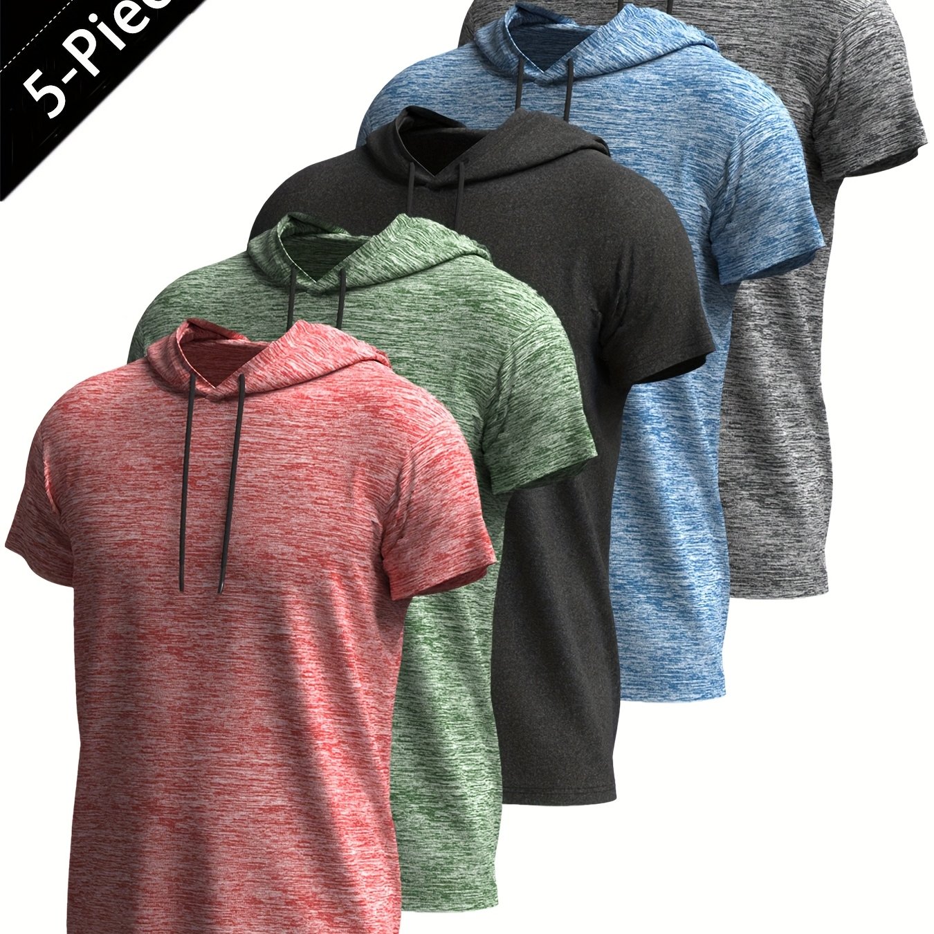 Image of 5pcs Men's Sporty Casual Hooded Short-sleeve T-shirts, Suitable For Fitness, Sports, Leisure, And Outdoor Wear, Stylish Summer Hooded Short-sleeve Tops