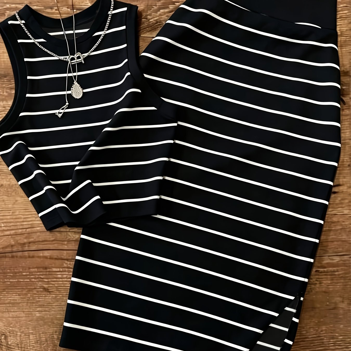 TEMU Striped Sleeveless Crew-neck Top And Slim-fit Skirt 2pcs Set, Suitable For