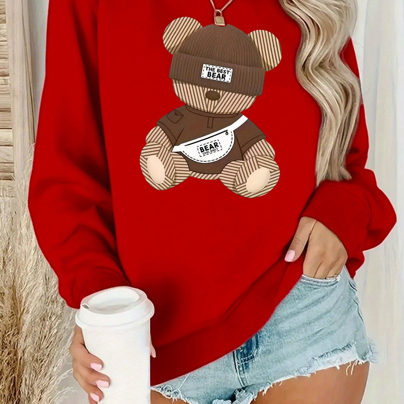 TEMU Lined "little Bear" Print Crewneck Sweatshirt, Women's Loose Pullover, Autumn/winter Casual Long-sleeve Top, Versatile And For Commuting