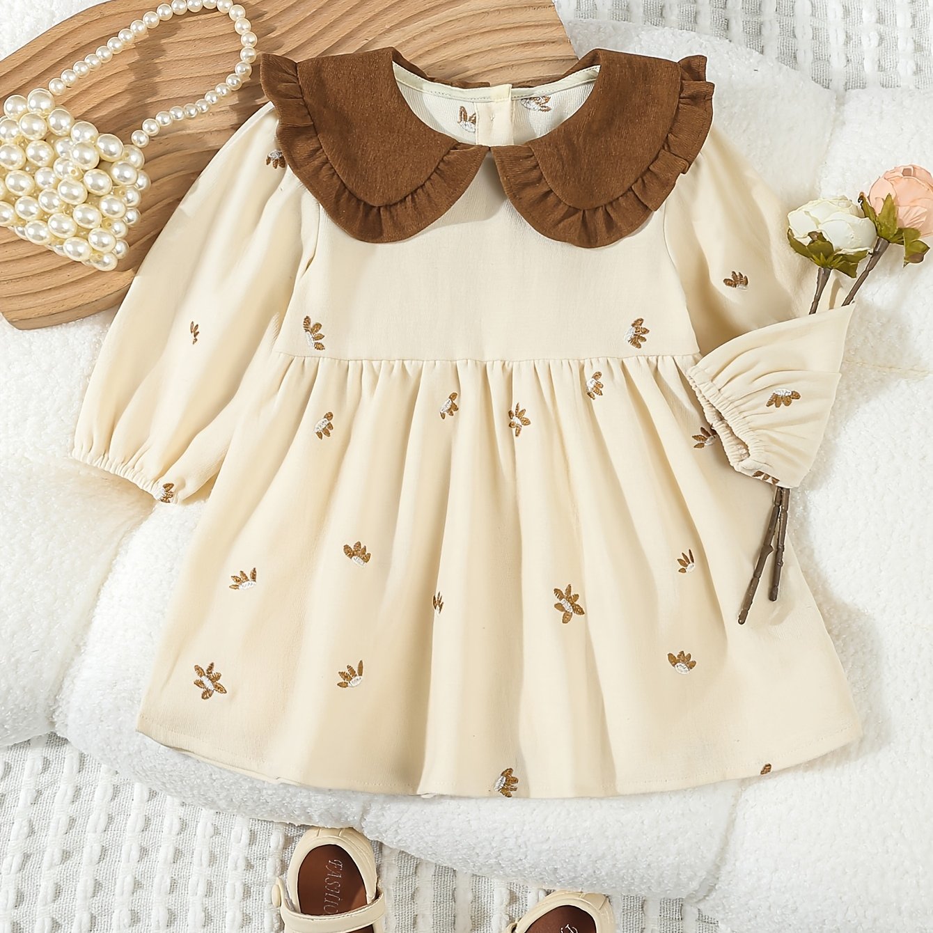 Image of Baby Girls Embroidered Vintage Contrast Long Sleeve Doll Collar Dress