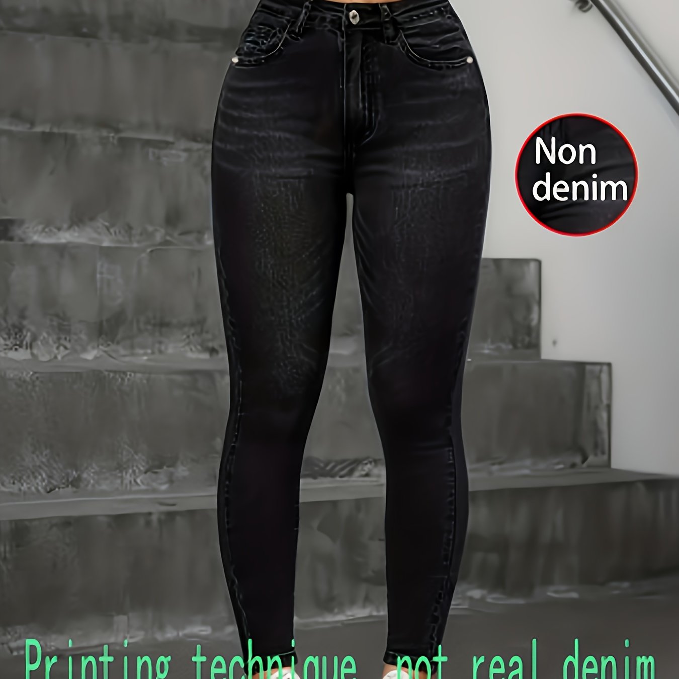 TEMU 【 denim】[ de denim sintético][Estampado de de denim sintético/ de denim sintético] Pantalones ajustados elásticos de de denim sintético para