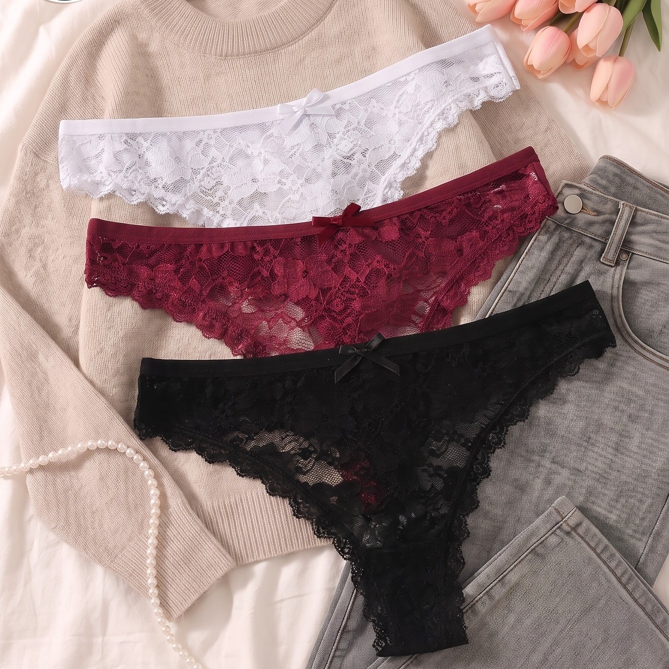 TEMU 3-pack Women's Low-rise Lace Thong Panties - Soft Breathable Briefs With Detail & Mix, Suitable For Daily Wear, Beach Trips, Casual Outfits |