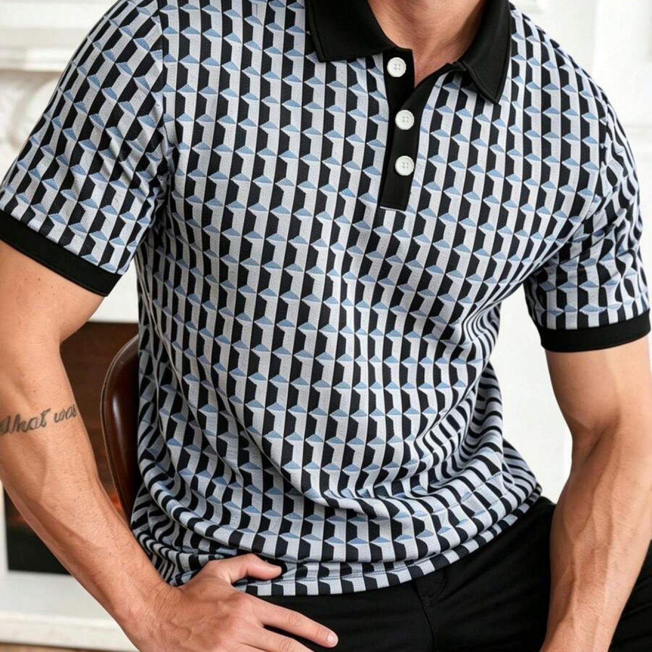 TEMU Short-sleeve Jacquard Shirt, Casual Fashion Shirt, Color-block Collar Golf Shirt, Men's, Men's Shirt Retro Striped, Easy Light Luxury, Street