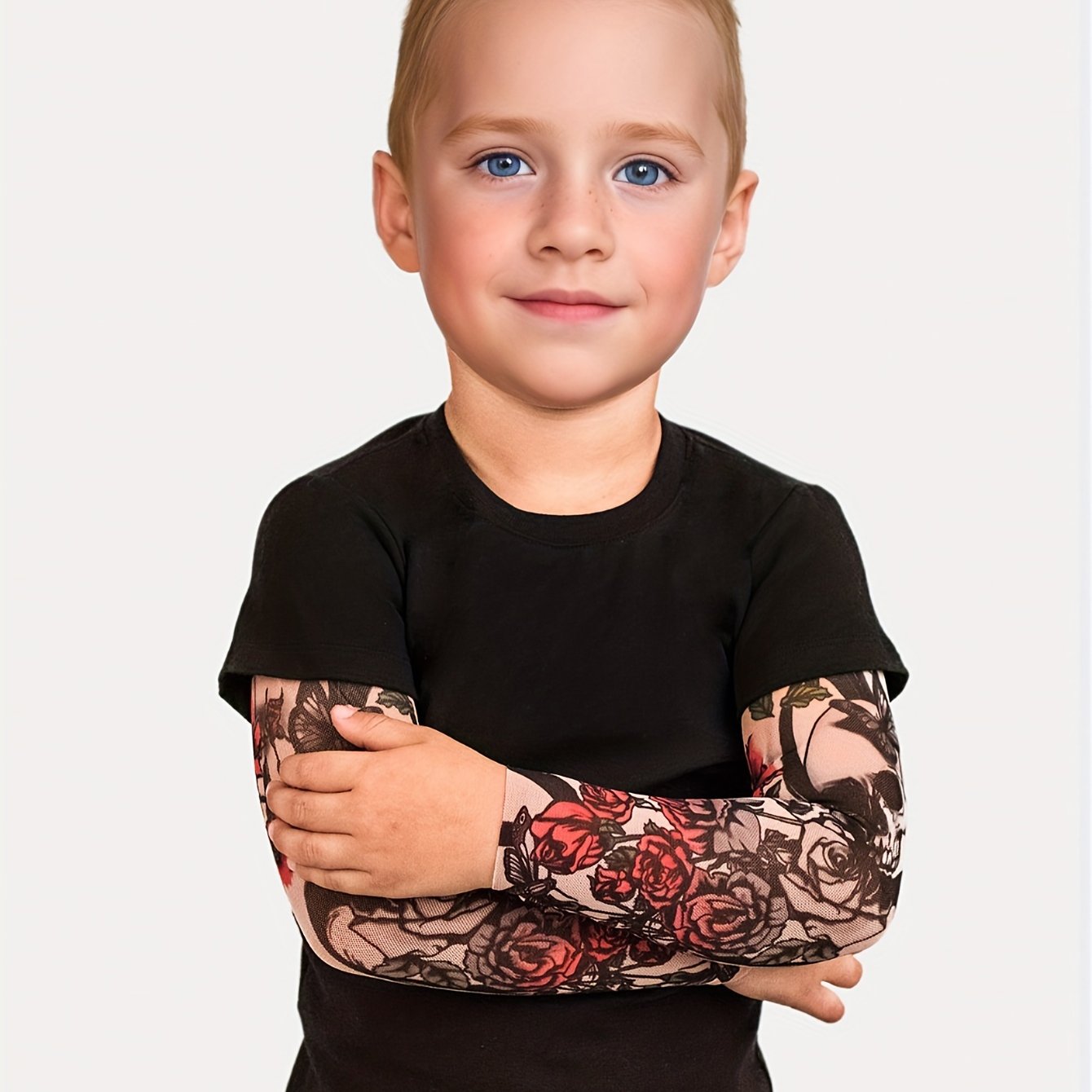 Image of /summer Fashionable Little Boy's Tattoo Sleeve 2-in-1 Look Top, Stylish Children's Crew Neck Casual Spliced T-shirt, Brother Matching Outfit