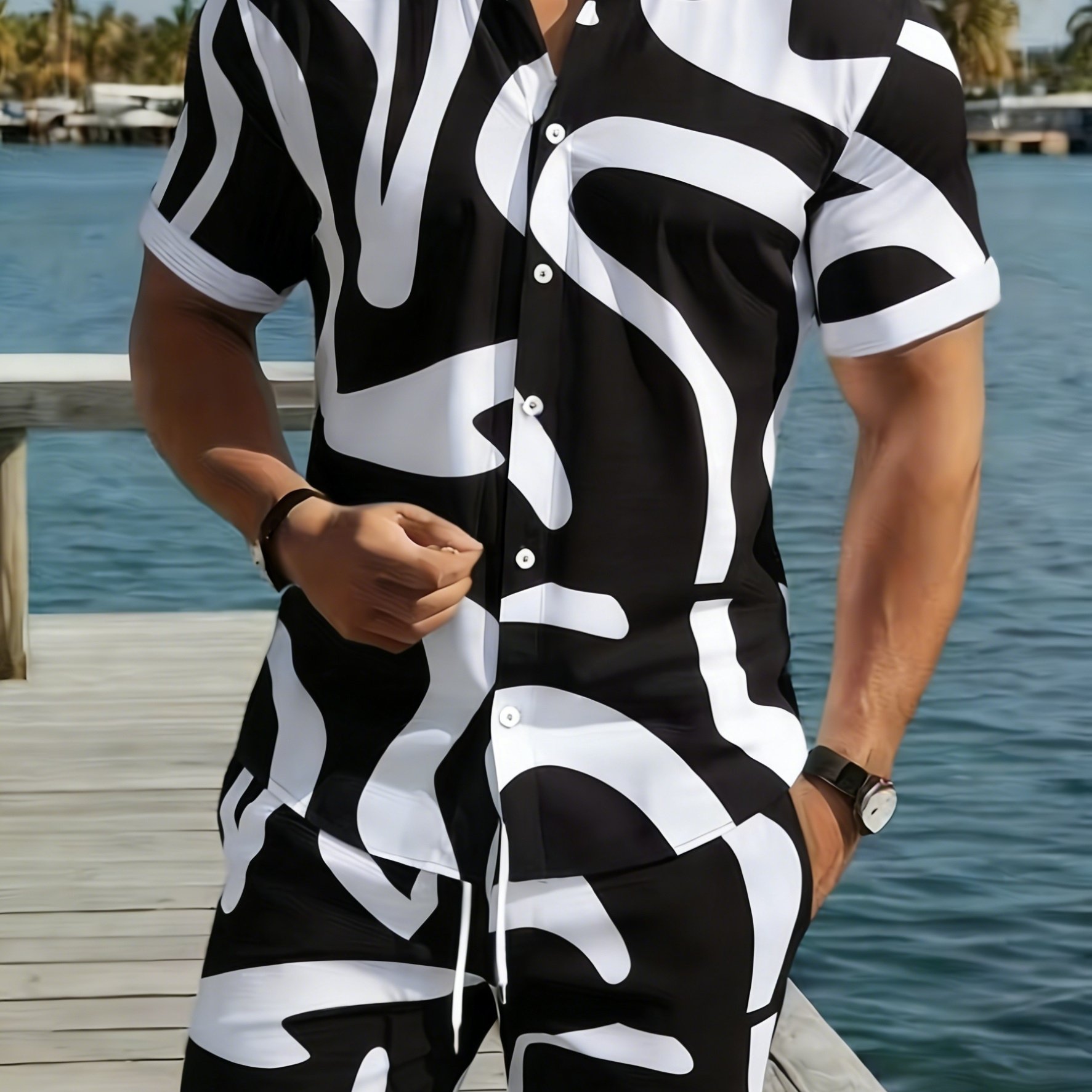 TEMU New Summer Men's Casual Black And White Abstract Swirl Curve Print Shirt + Drawstring Shorts 2pcs Set, Style, Suitable For Summer Daily Wear,