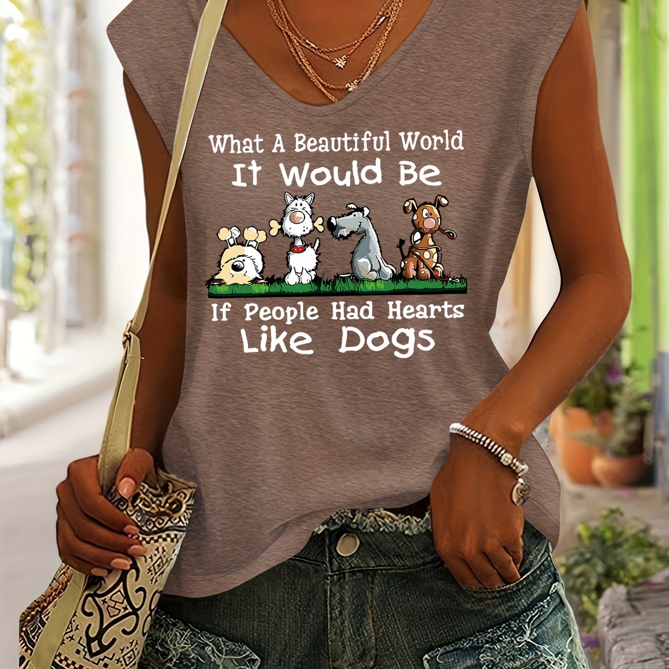 TEMU Spring And Summer Women's Colorful V-neck Short-sleeve T-shirt With A Dog Pattern Print