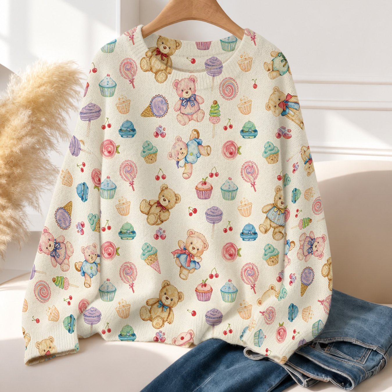 TEMU 1pc Women's Autumn Winter All-match Apricot Round Neck Sweater, Full Print Bear Dessert Pattern, Gentle Age-reducing Girly Vibe, Suitable For ,