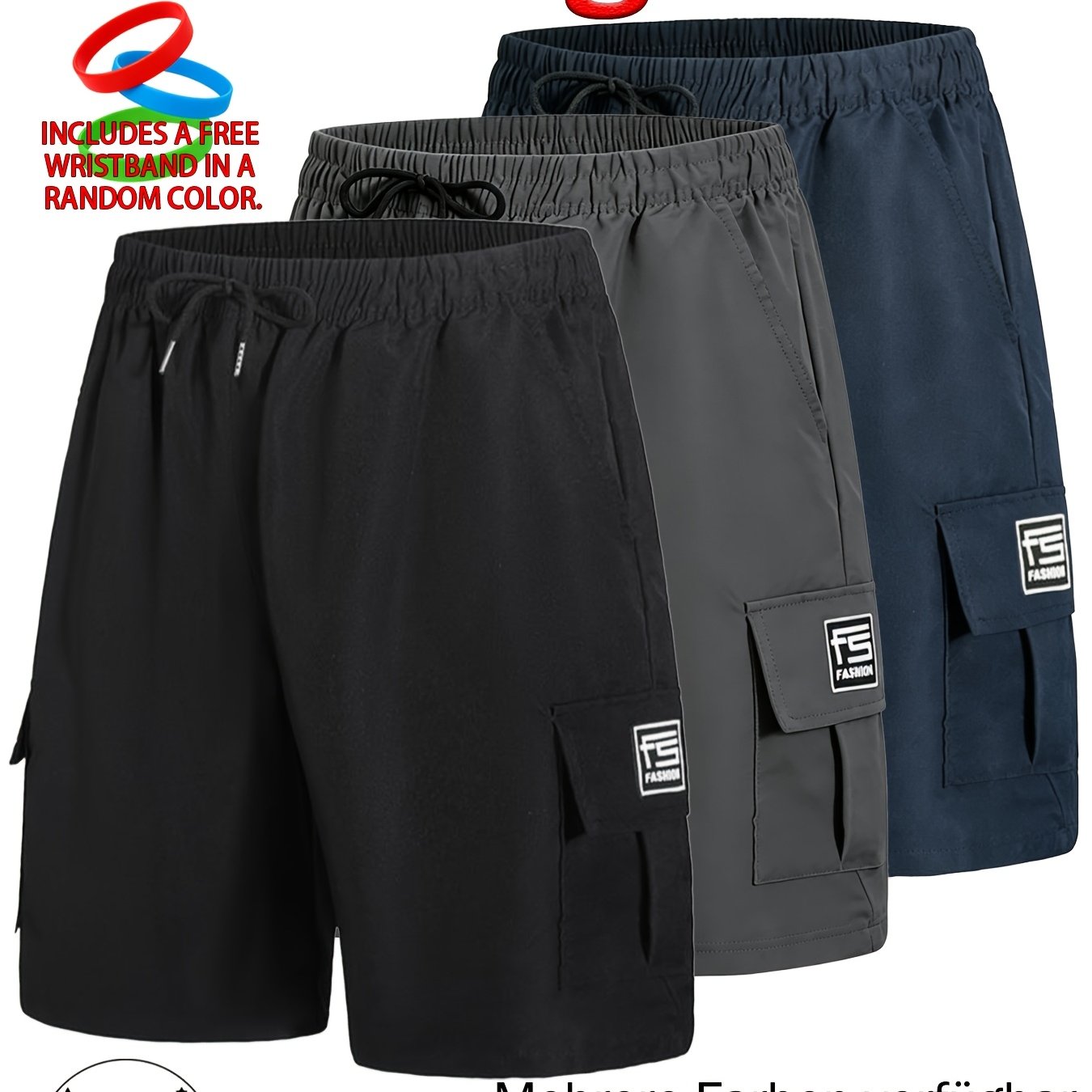3pcs Men' Cargo Shorts, Elastic Drawstring Waist Multi Pocket Utility Shorts, Lightweight Quick Dry Loose Bermuda Shorts, Summer Outdoor Casual Workout Streetwear Shorts