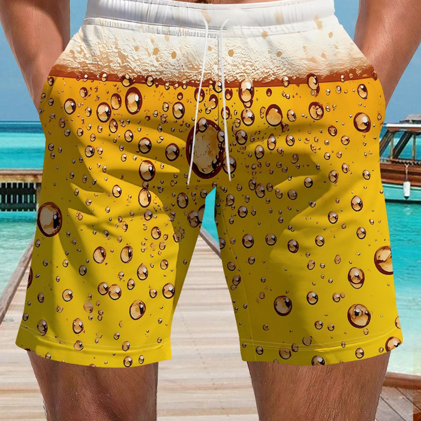 TEMU 2026 's Beer Bubble Print Beach Shorts, Regular Style For Summer, Perfect For Casual Vacations, Trendy Youth Beachwear