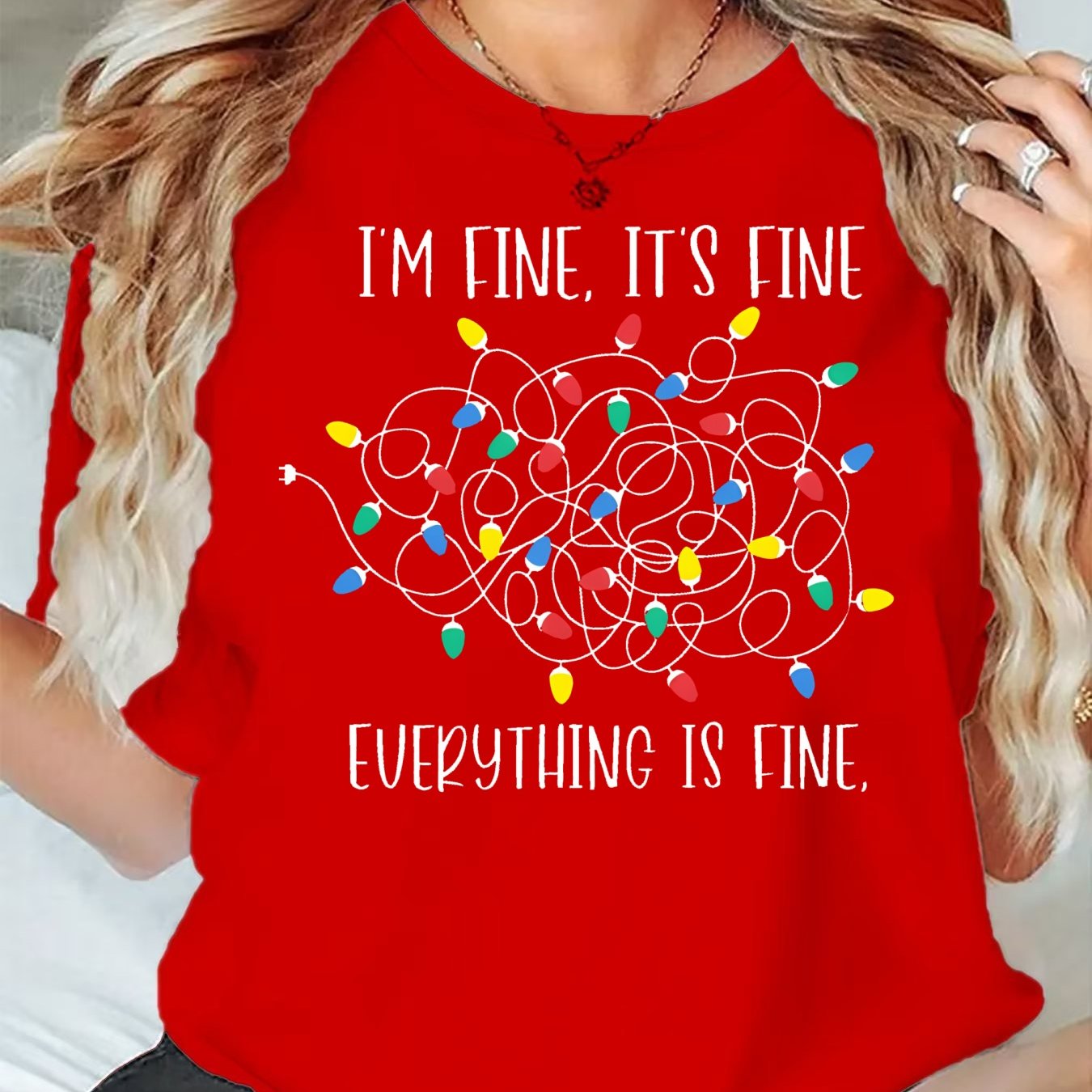 TEMU Colorful Christmas Light Patterns, Trendy And Creative Designs For, Women's Casual Sports T-shirt, Round Neck, Short Sleeves, Comfortable Summer