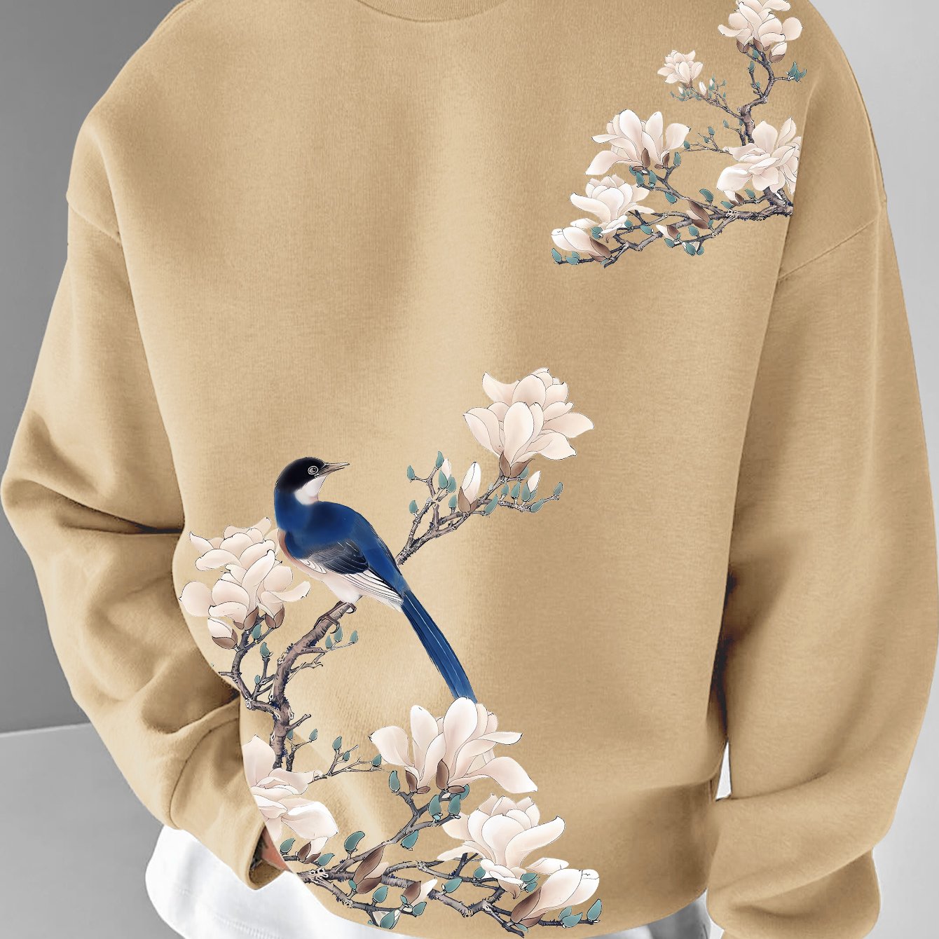 TEMU Niche New Chinese Style Floral Bird National Trend Brand Round Neck Sweatshirt - Men's Fashion Top! Ideal For National Enthusiasts / Elegant