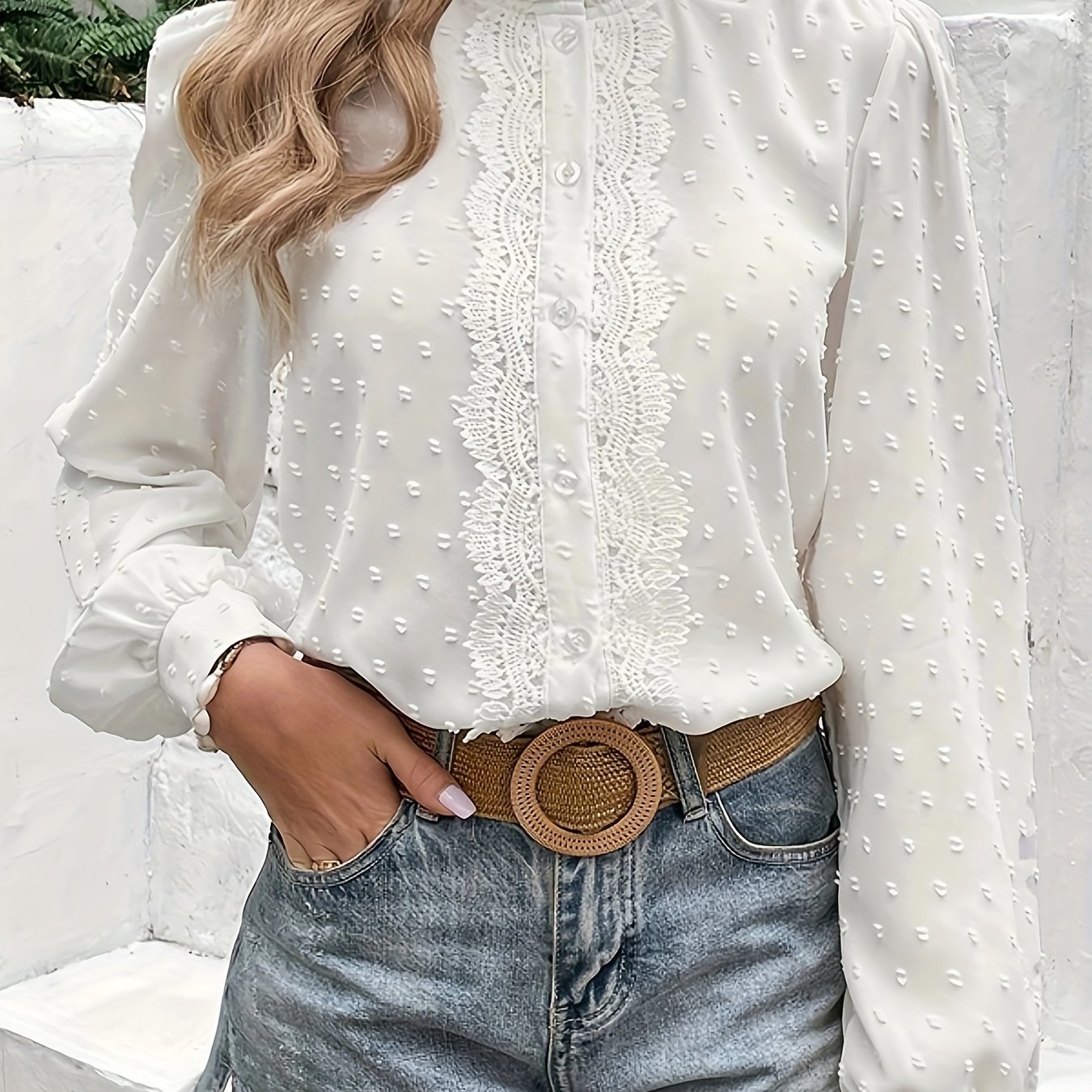 E-shop Damens Elegante Bluse mit Spitzenbesatz und Stehkragen - Einfarbig Weiß, Maschinenwaschbarer Nicht-Dehnbarer Stoff für Frühling Sommer Herbst,