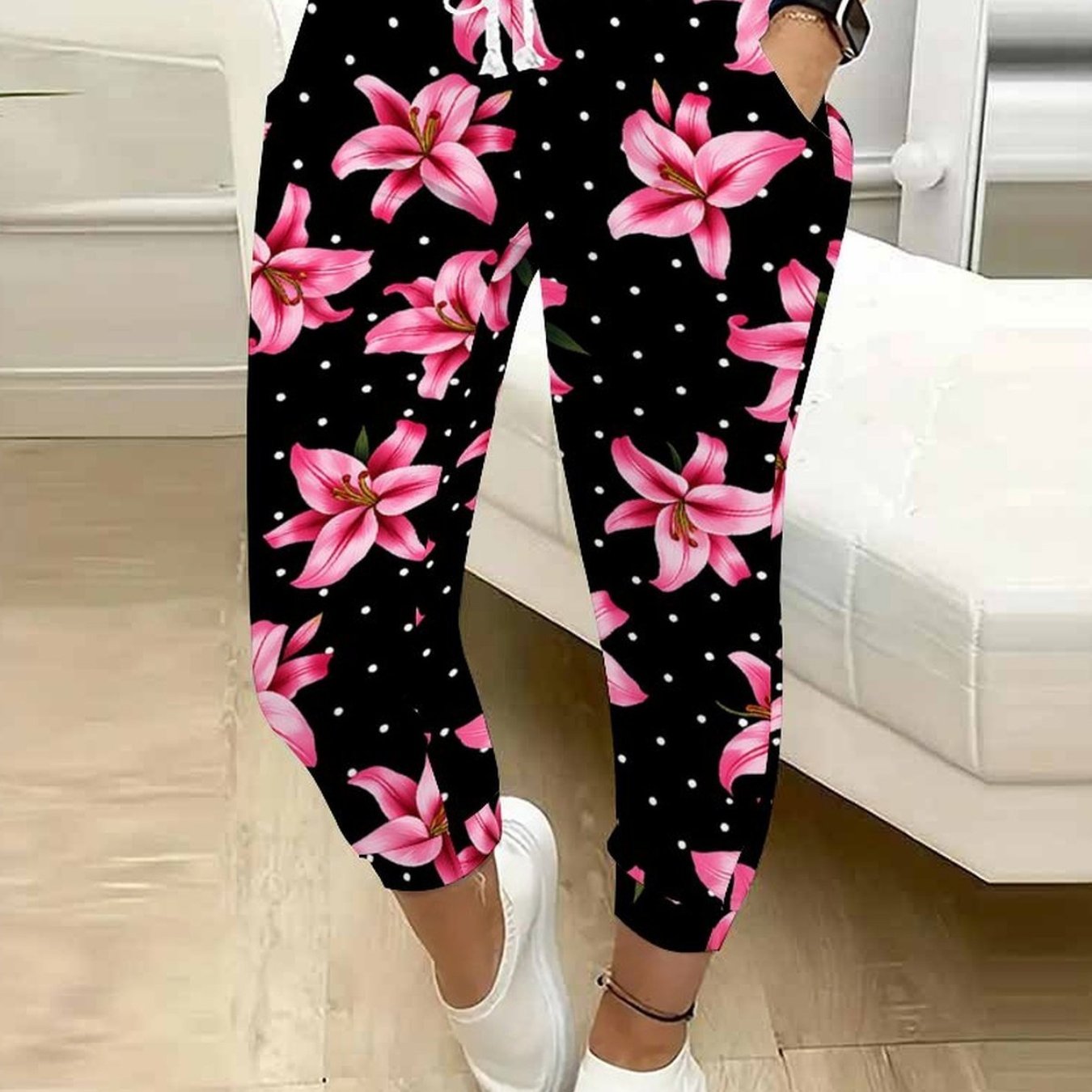 TEMU Classic Women's Drawstring Pants With Floral, Botanical, Geometric, And 250th Anniversary Celebration Prints, Suitable For Outdoor Play, And